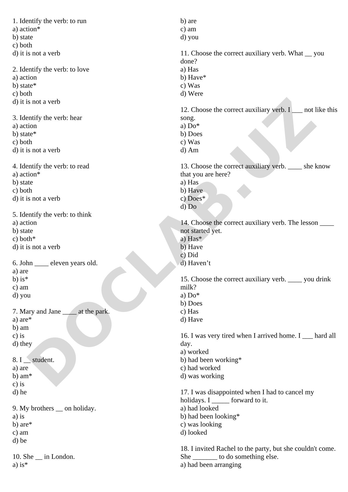 English Grammar Quiz: Verbs and Auxiliary Verbs