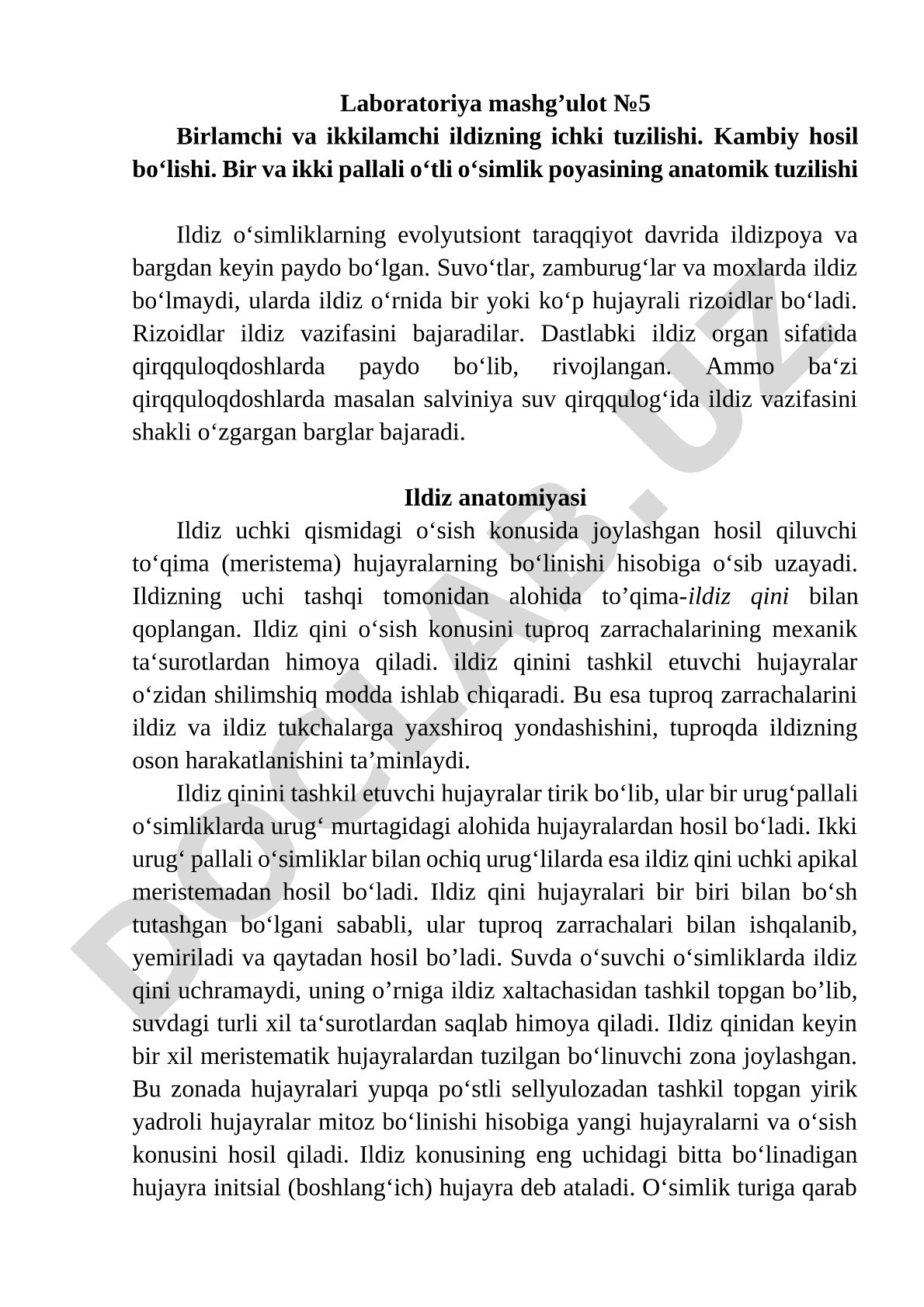Birlamchi va ikkilamchi ildizning ichki tuzilishi. Kambiy hosil bo‘lishi. Bir va ikki pallali o‘tli o‘simlik poyasining anatomik tuzilishi
