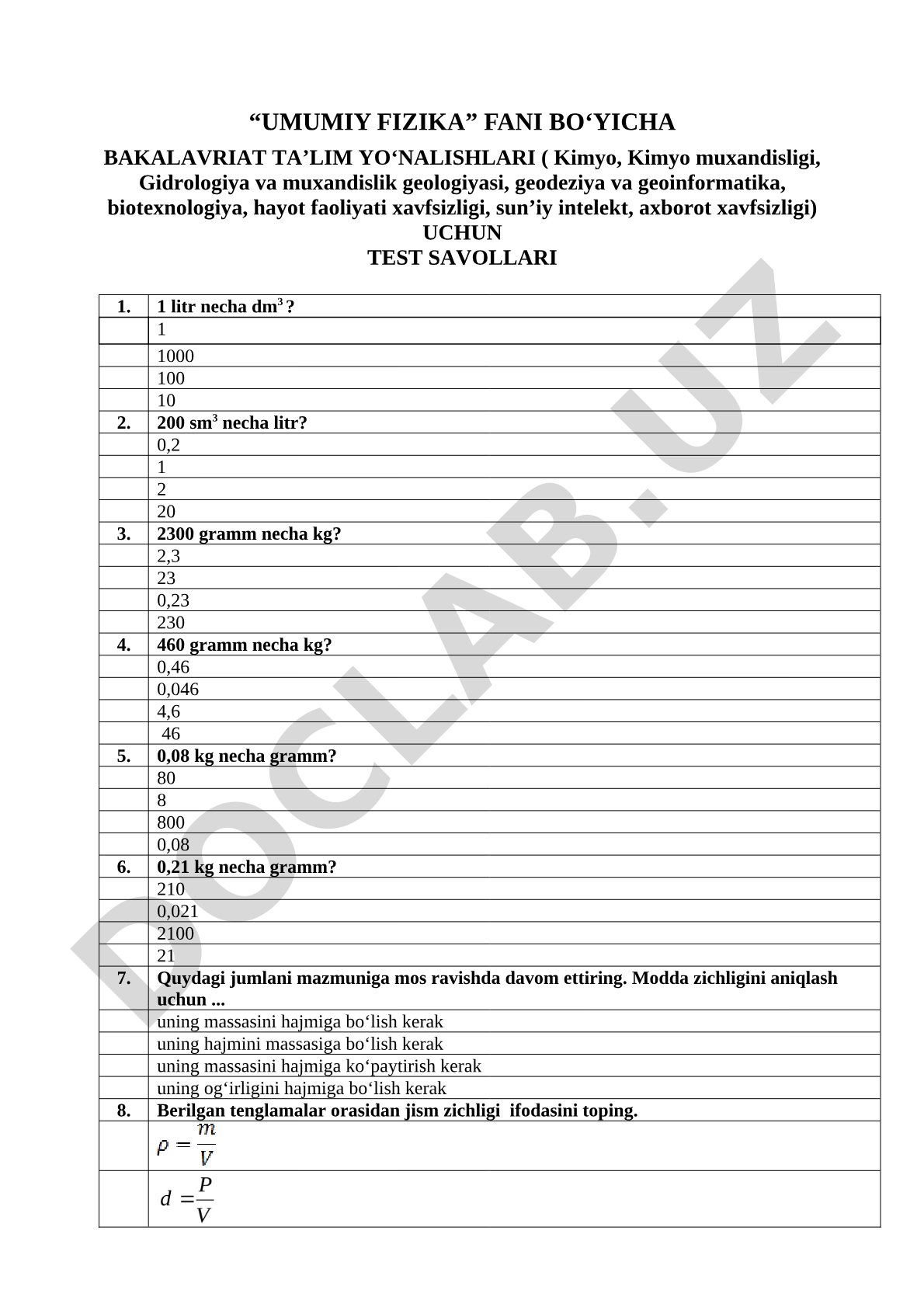 Umumiy fizika fanidan test savollari