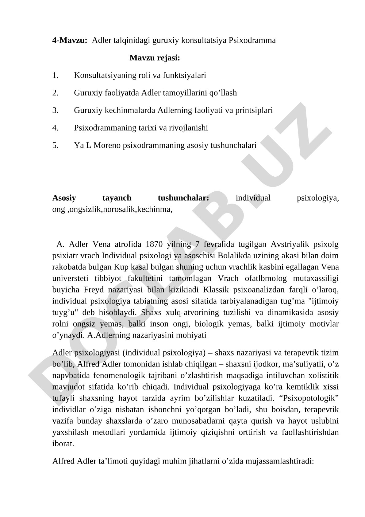 Adler talqinidagi guruhiy konsultatsiya Psixodramma
