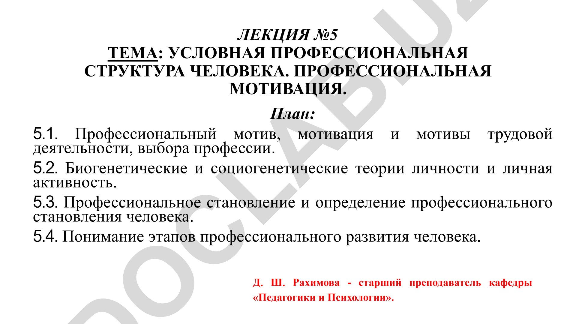 Условная профессиональная структура человека. Профессиональная мотивация