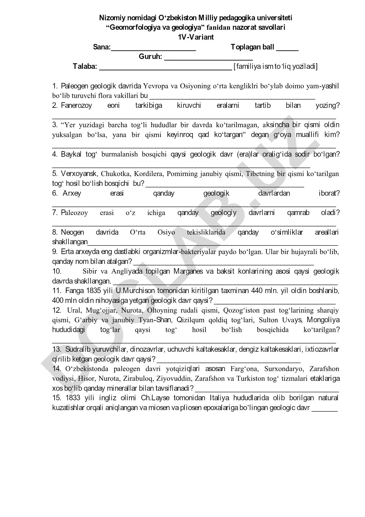Geomorfologiya va geologiya fanidan nazorat savollari