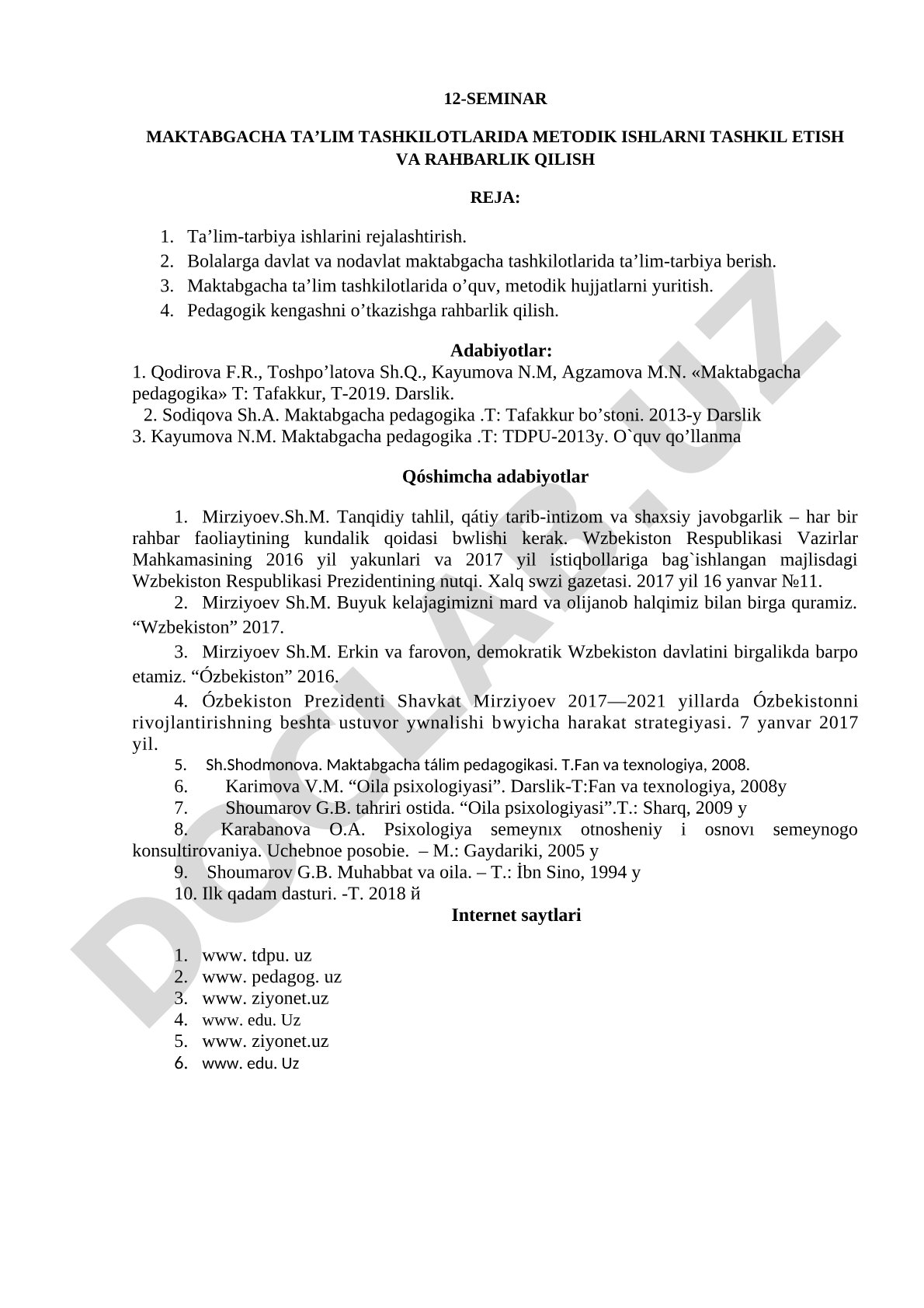 Maktabgacha ta’lim tashkilotlarida metodik ishlarni tashkil etish va rahbarlik qilish