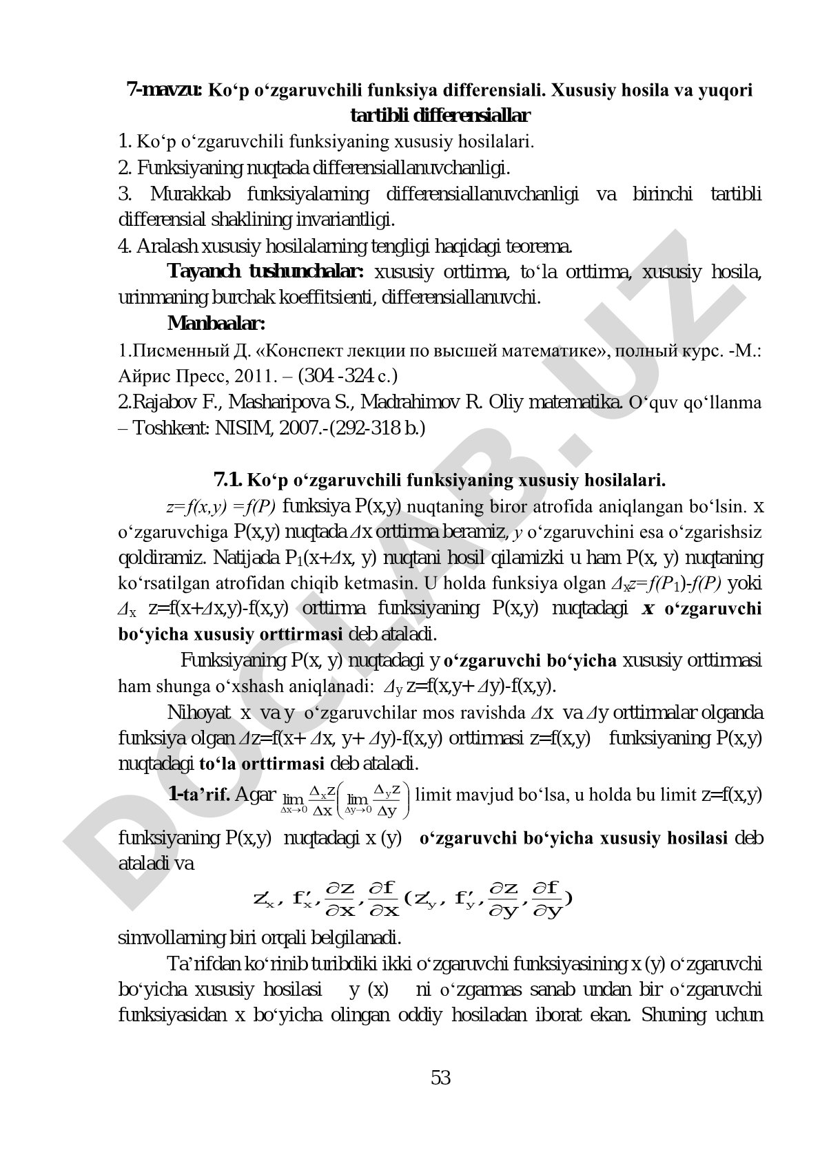 Ko‘p o‘zgaruvchili funksiya differensiali. Xususiy hosila va yuqori tartibli differensiallar