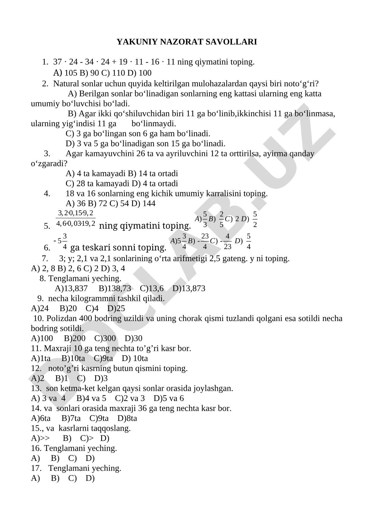 Matematika yakuniy nazorat savollari