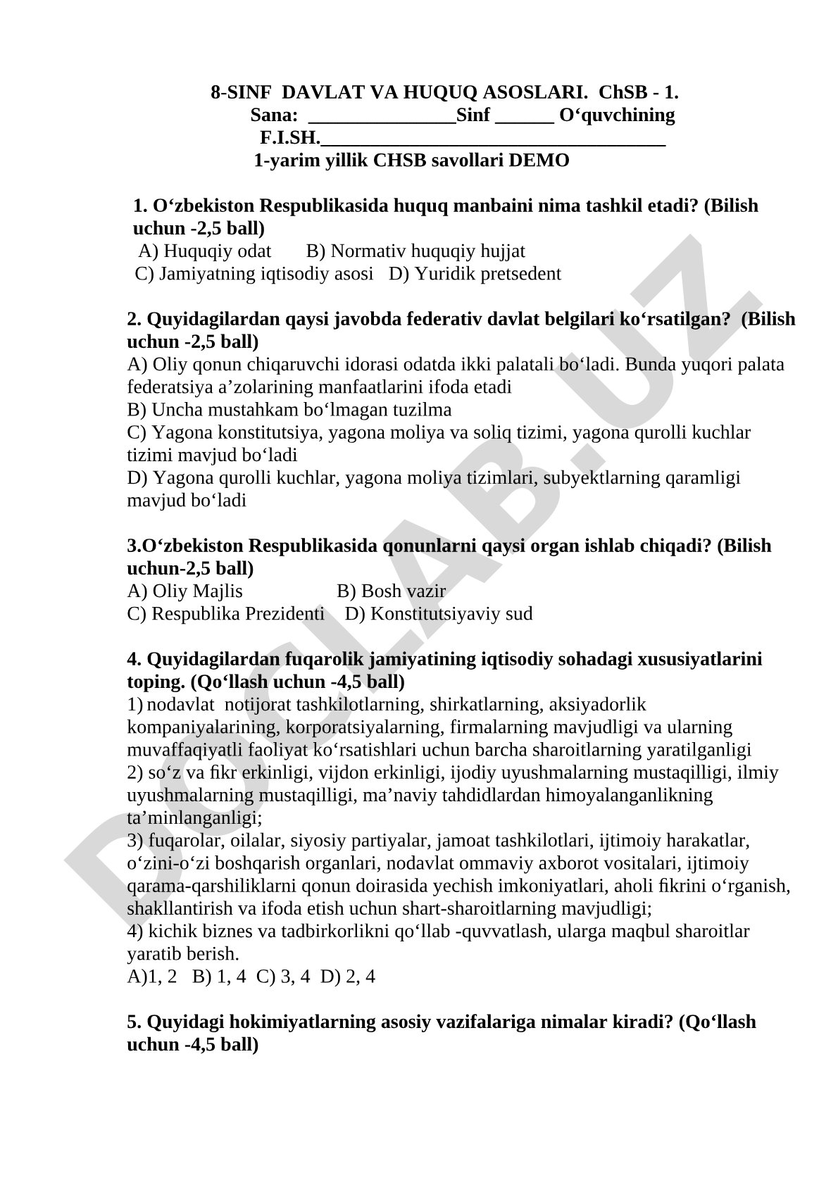 8-sinf Davlat va huquq asoslari ChSB - 1