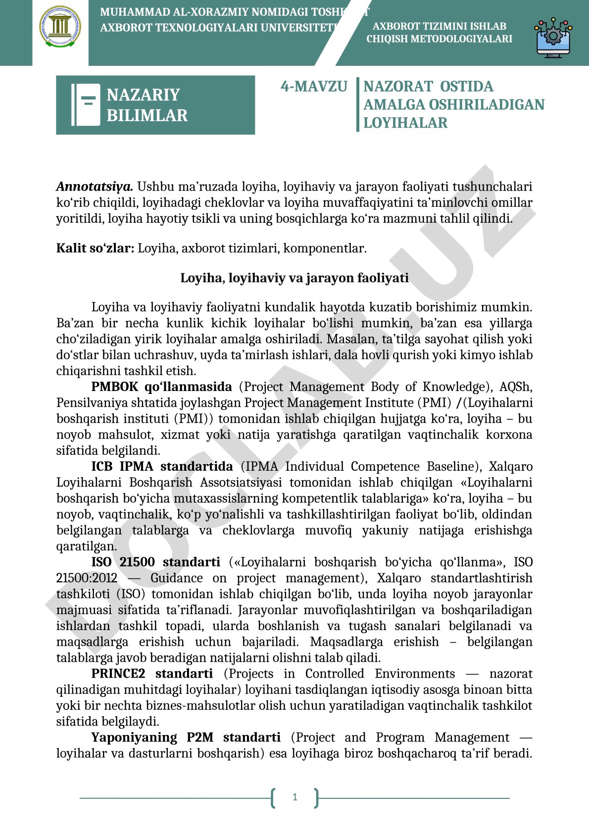 Nazorat ostida amalga oshiriladigan loyihalar nazariy bilimlar