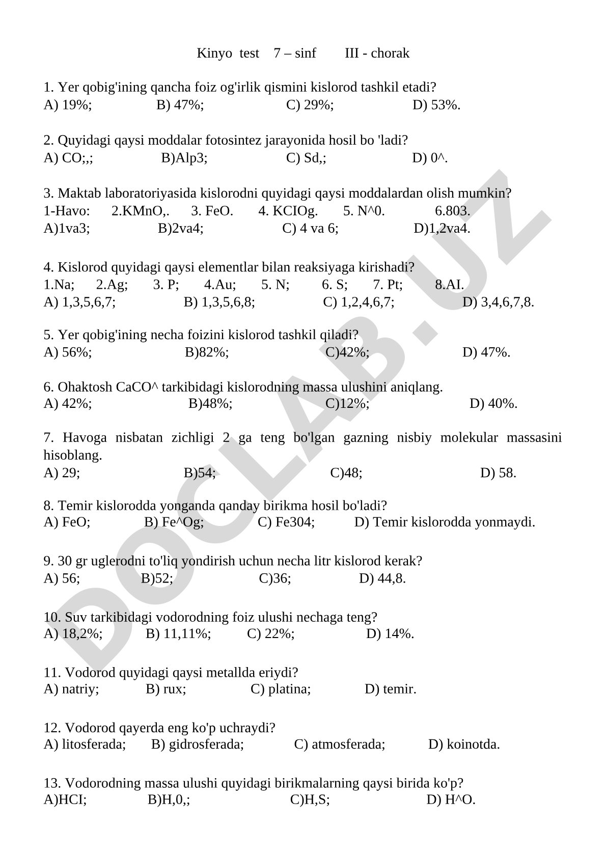 Kimyo test 7-sinf III chorak