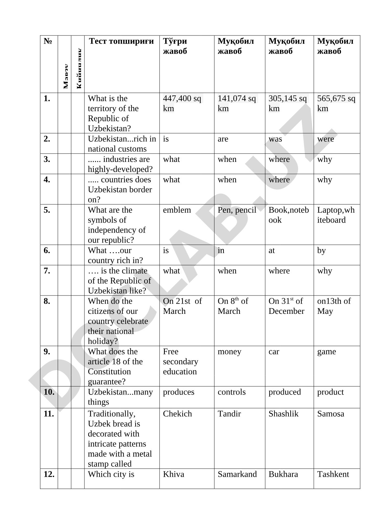 Uzbekistan general knowledge test questions