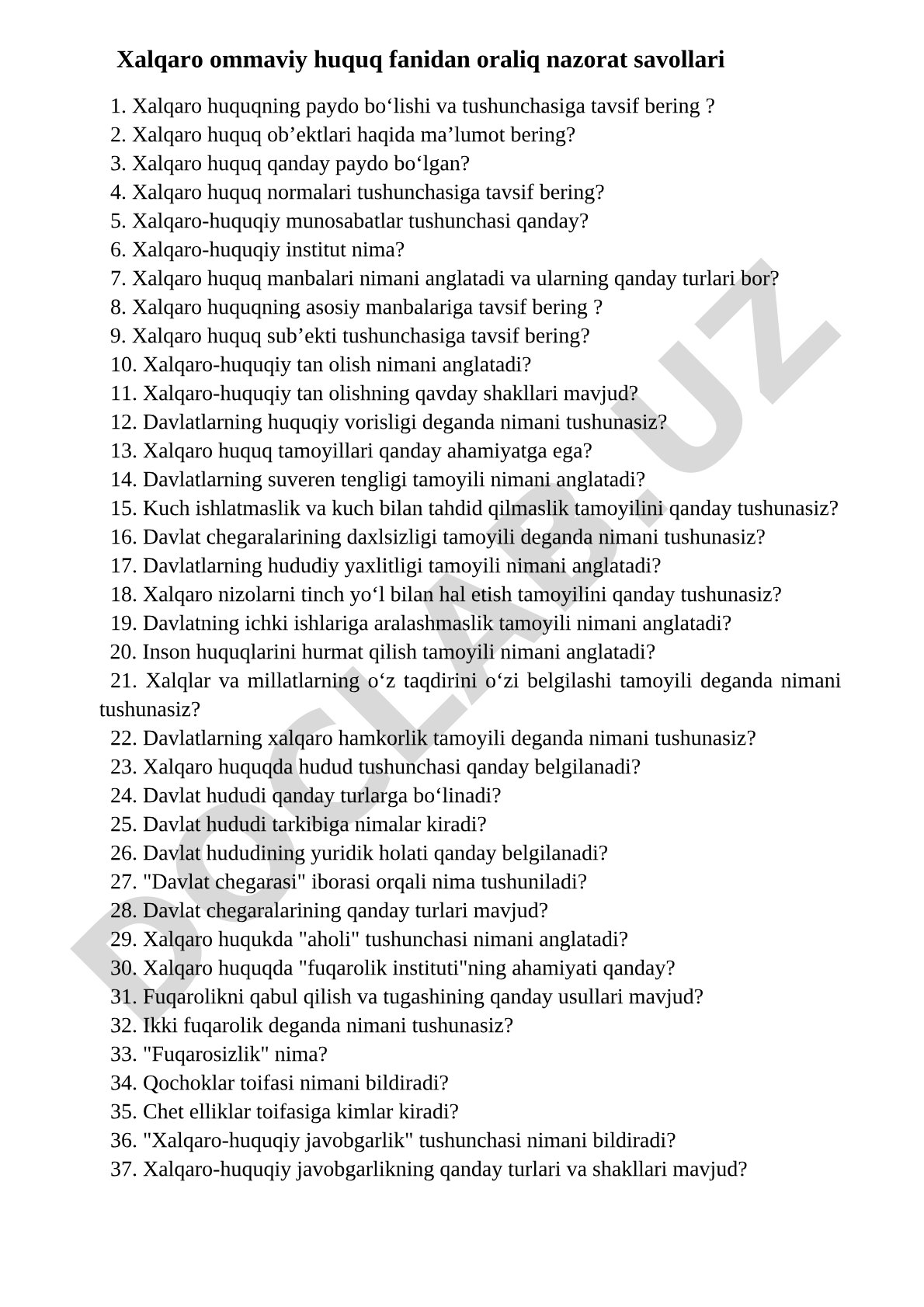 Xalqaro ommaviy huquq fanidan oraliq nazorat savollari