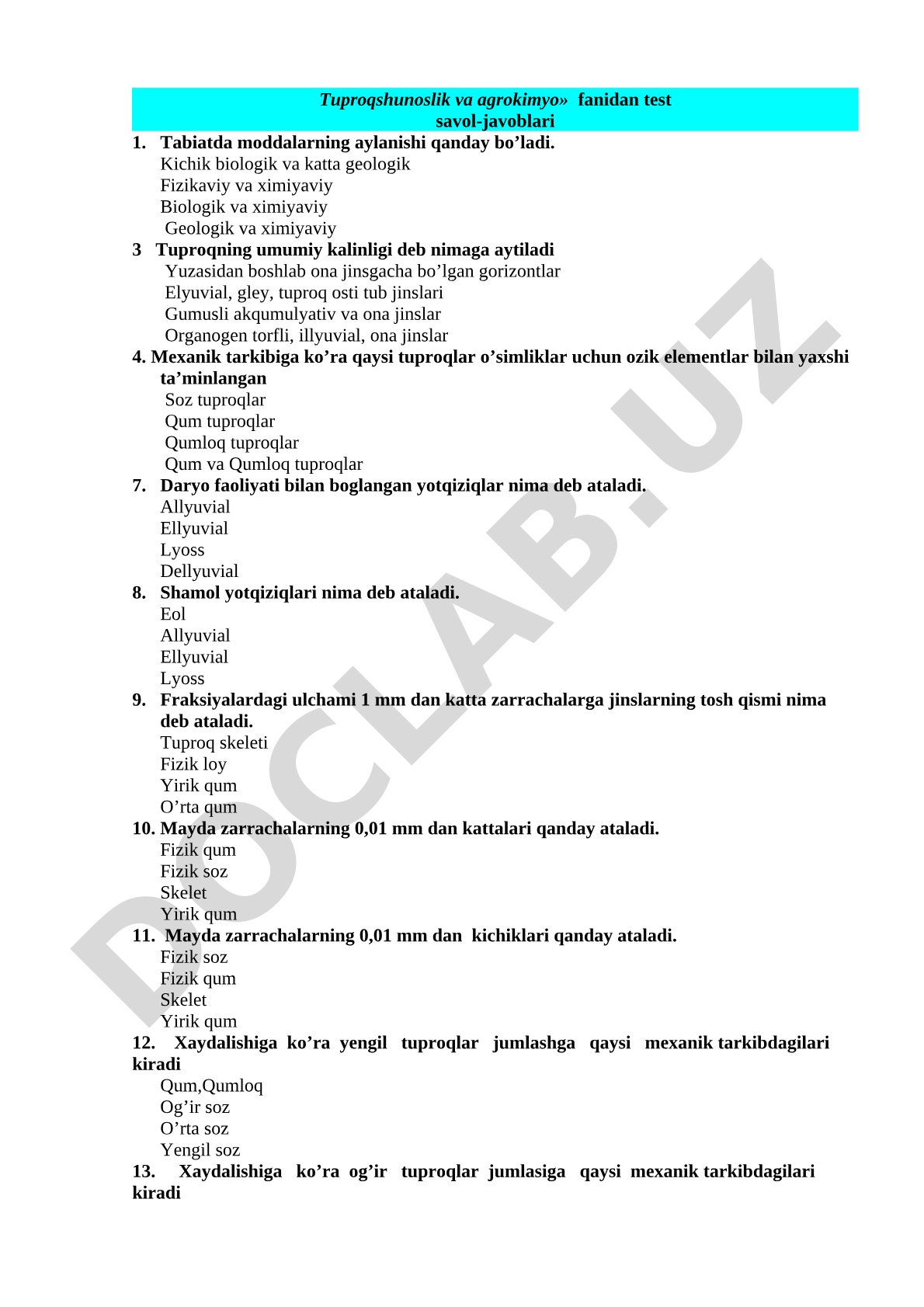 Tuproqshunoslik va agrokimyo fanidan test savollari