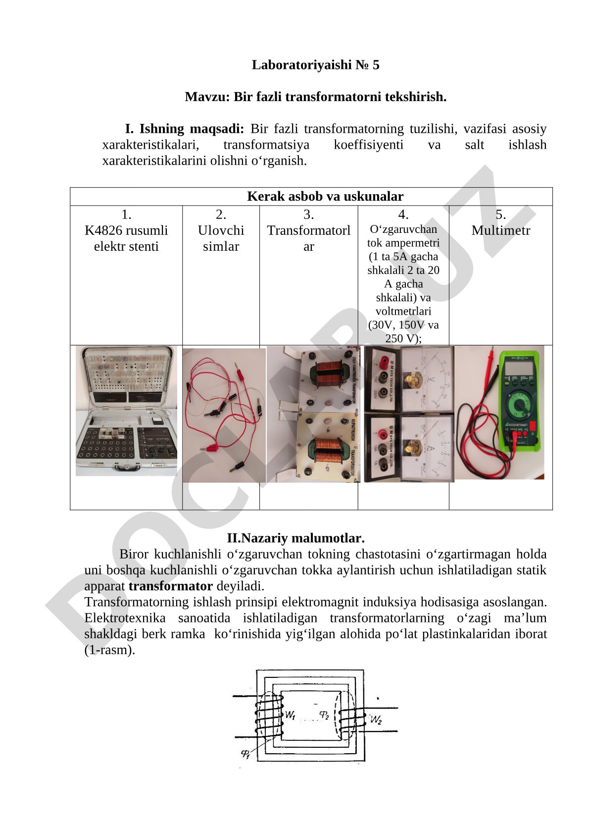 Bir fazli transformatorni tekshirish