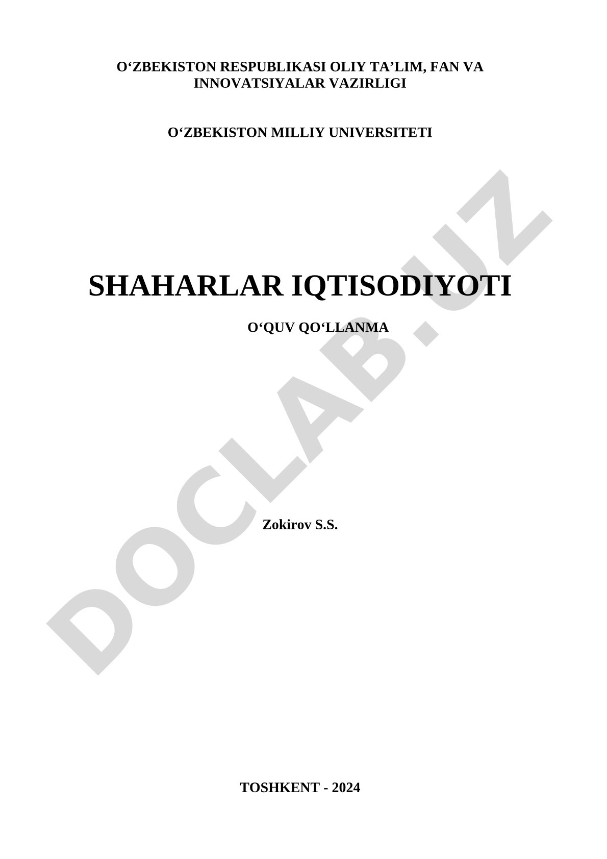 Shaharlar iqtisodiyoti o‘quv qo‘llanma