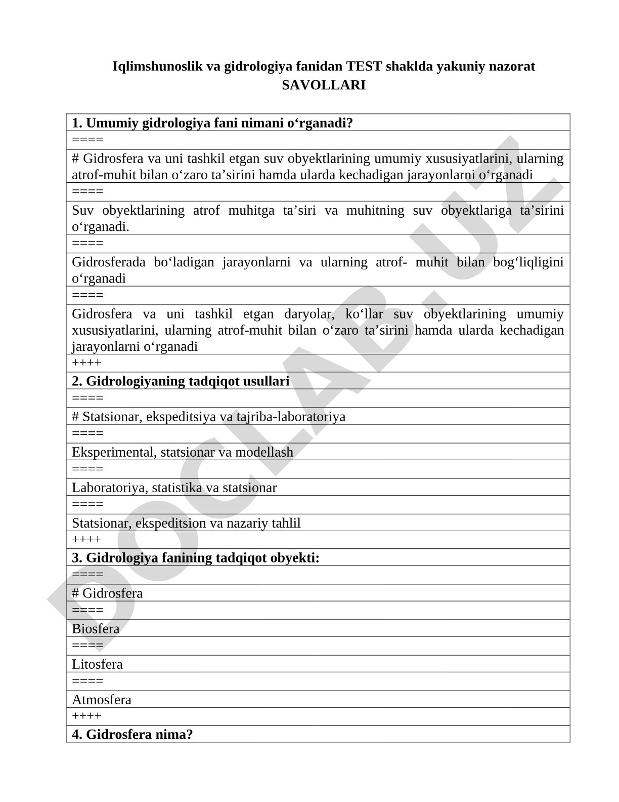 Iqlimshunoslik va gidrologiya fanidan test savollari