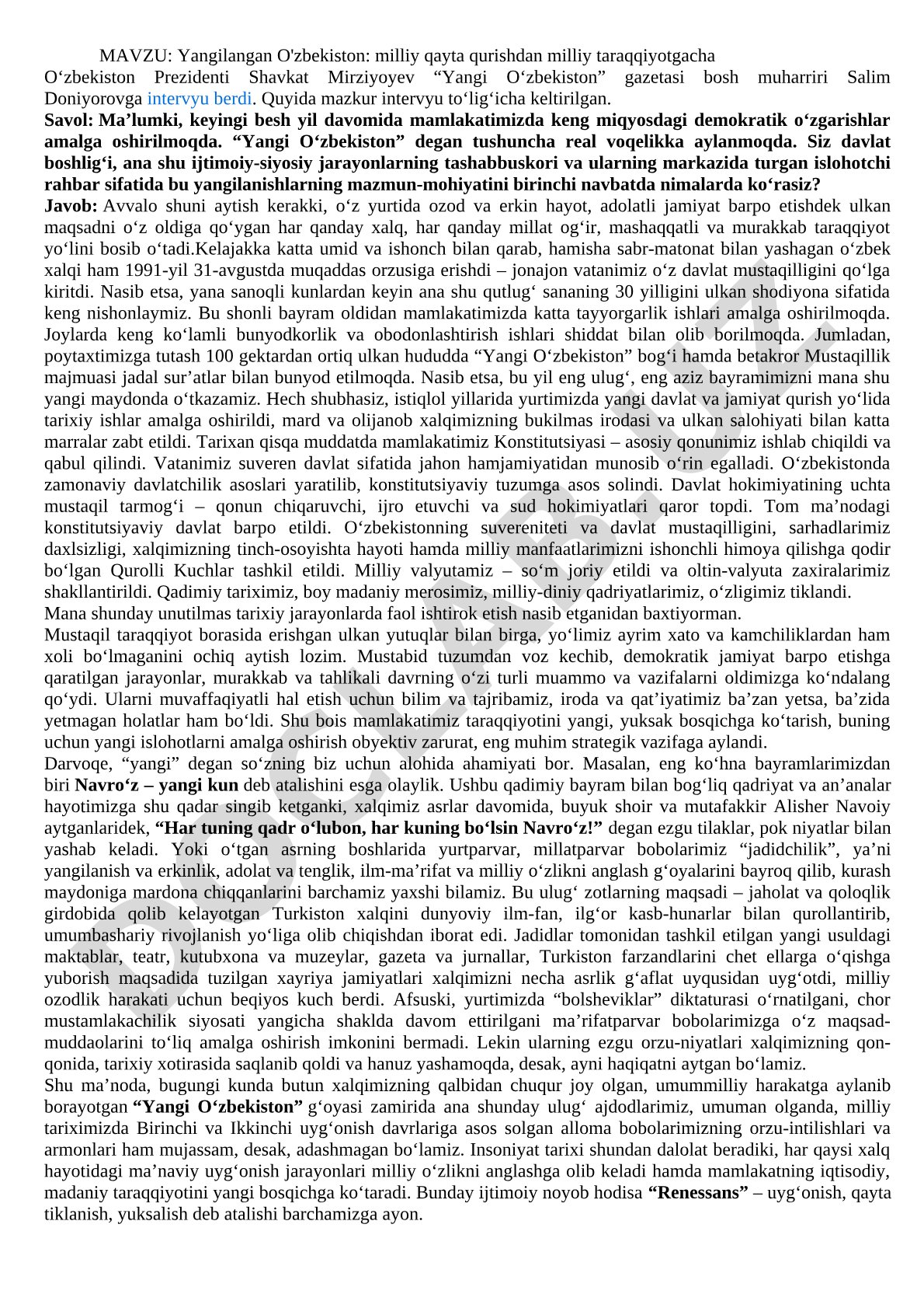 Yangilangan O'zbekiston: milliy qayta qurishdan milliy taraqqiyotgacha