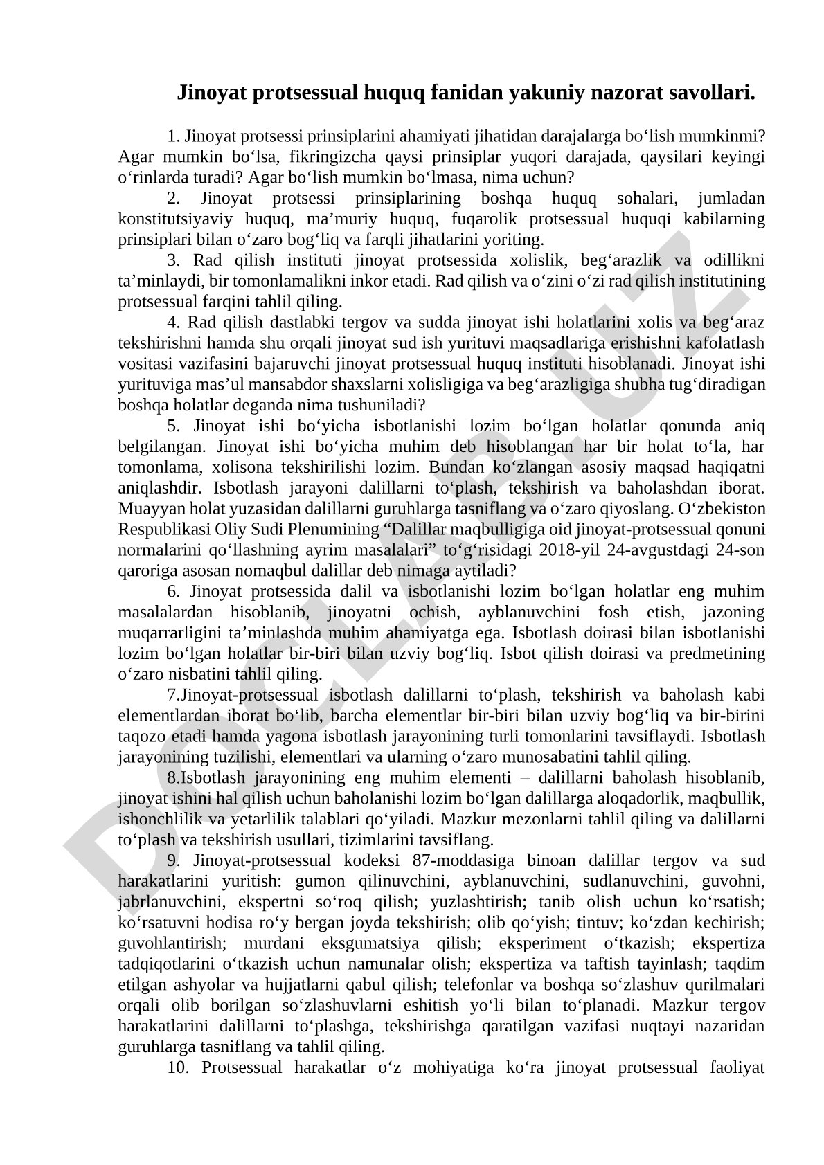 Jinoyat protsessual huquq fanidan yakuniy nazorat savollari