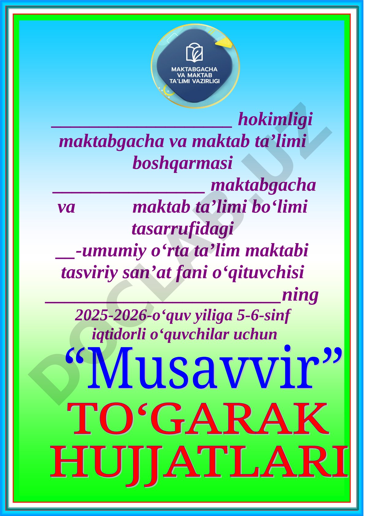 Tasviriy san'at to'garak mashg'ulotlari jadvali