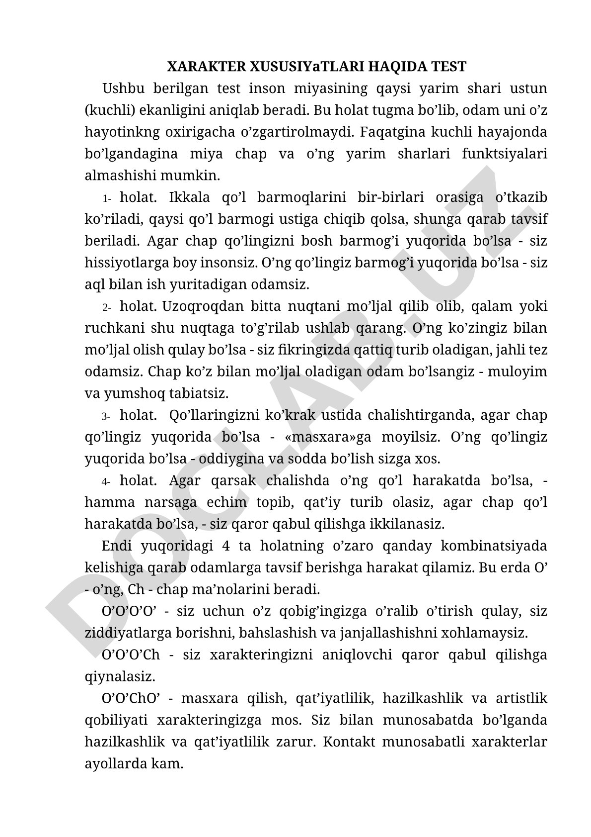 Xarakter xususiyatlari haqida test