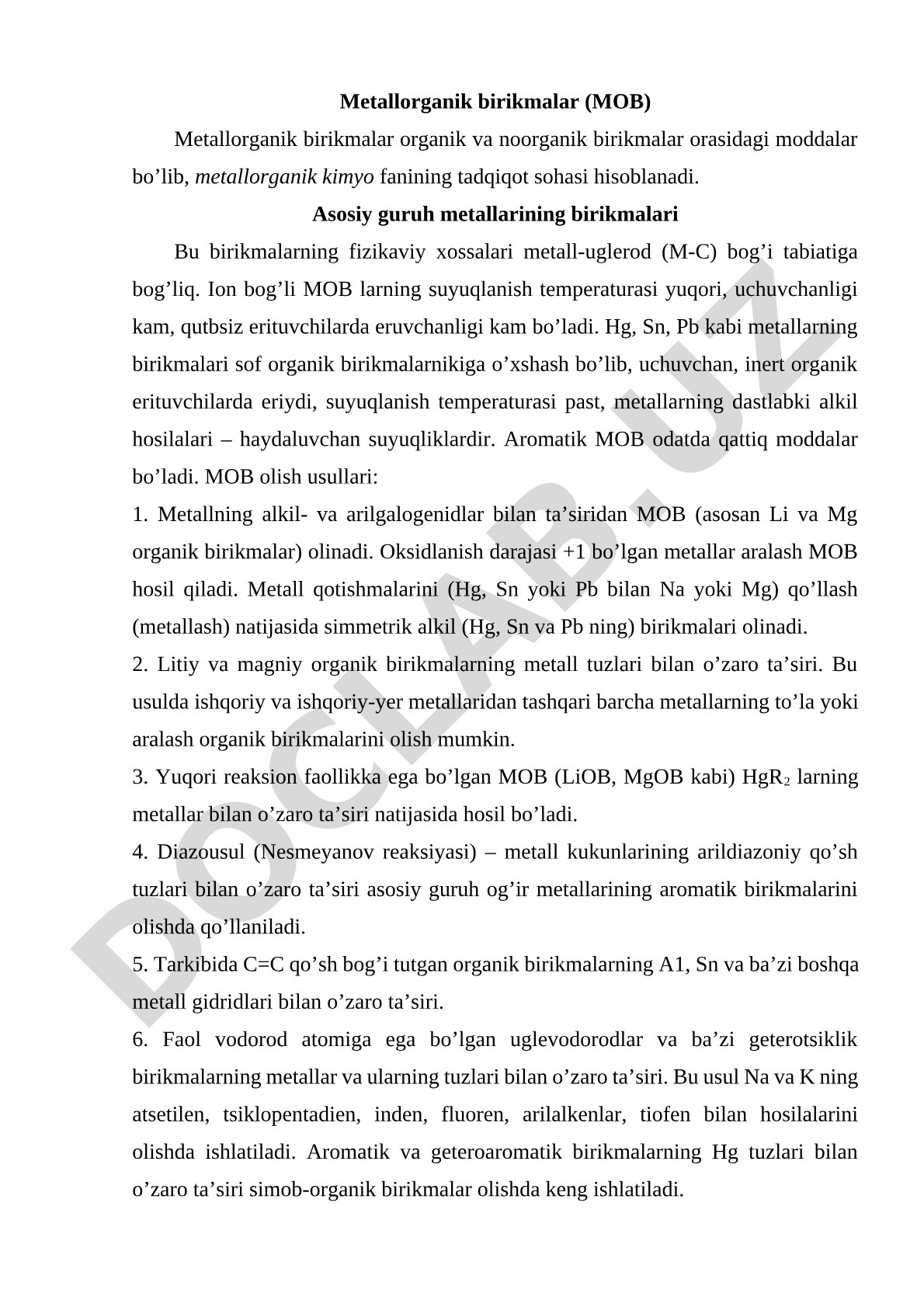 Metallorganik birikmalarning turlari, fizik xossalari va olish usullari