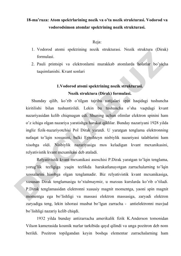 Atom spektrlarining nozik va o'ta nozik strukturasi