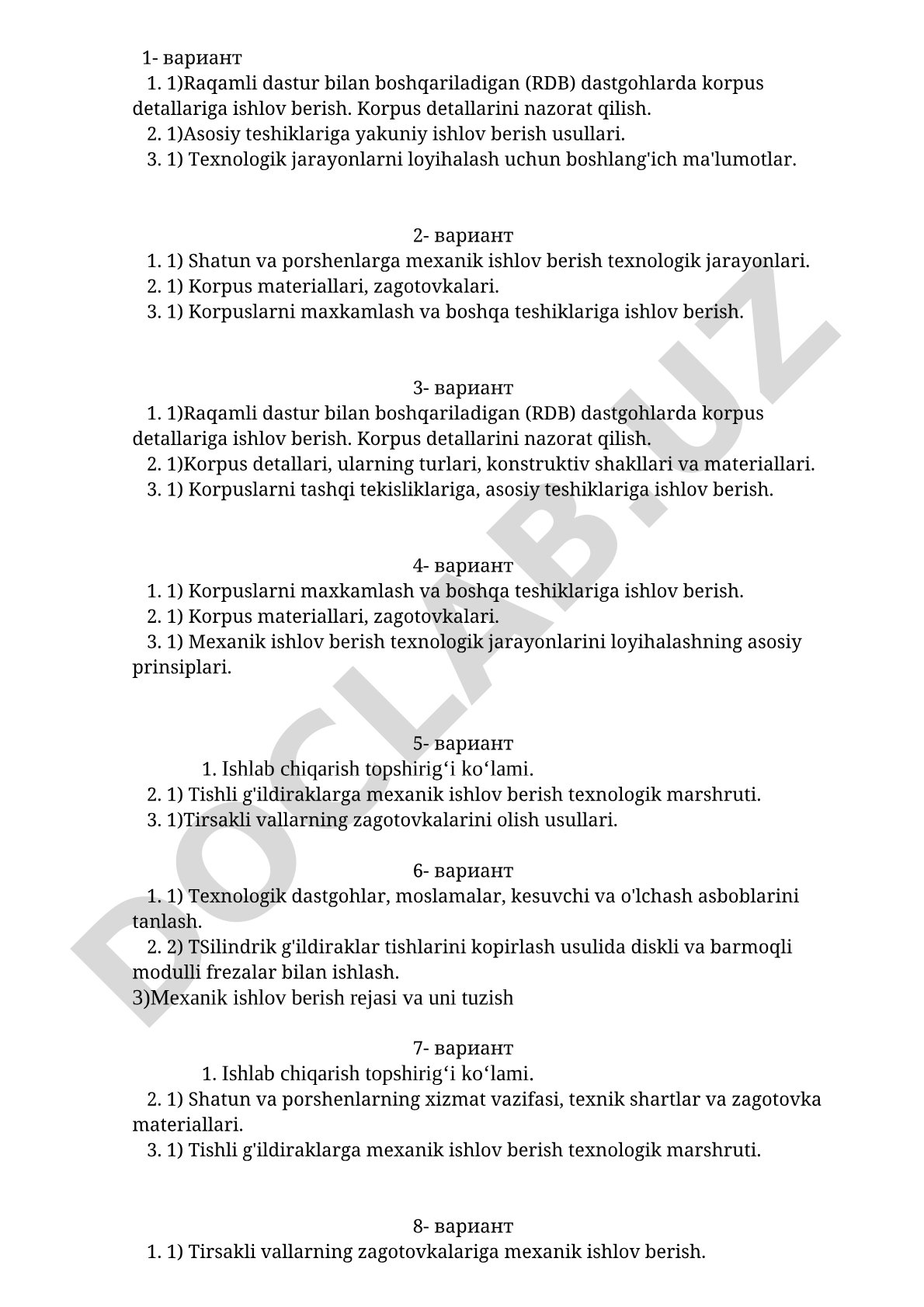 1)Raqamli dastur bilan boshqariladigan (RDB) dastgohlarda korpus detallariga ishlov berish
