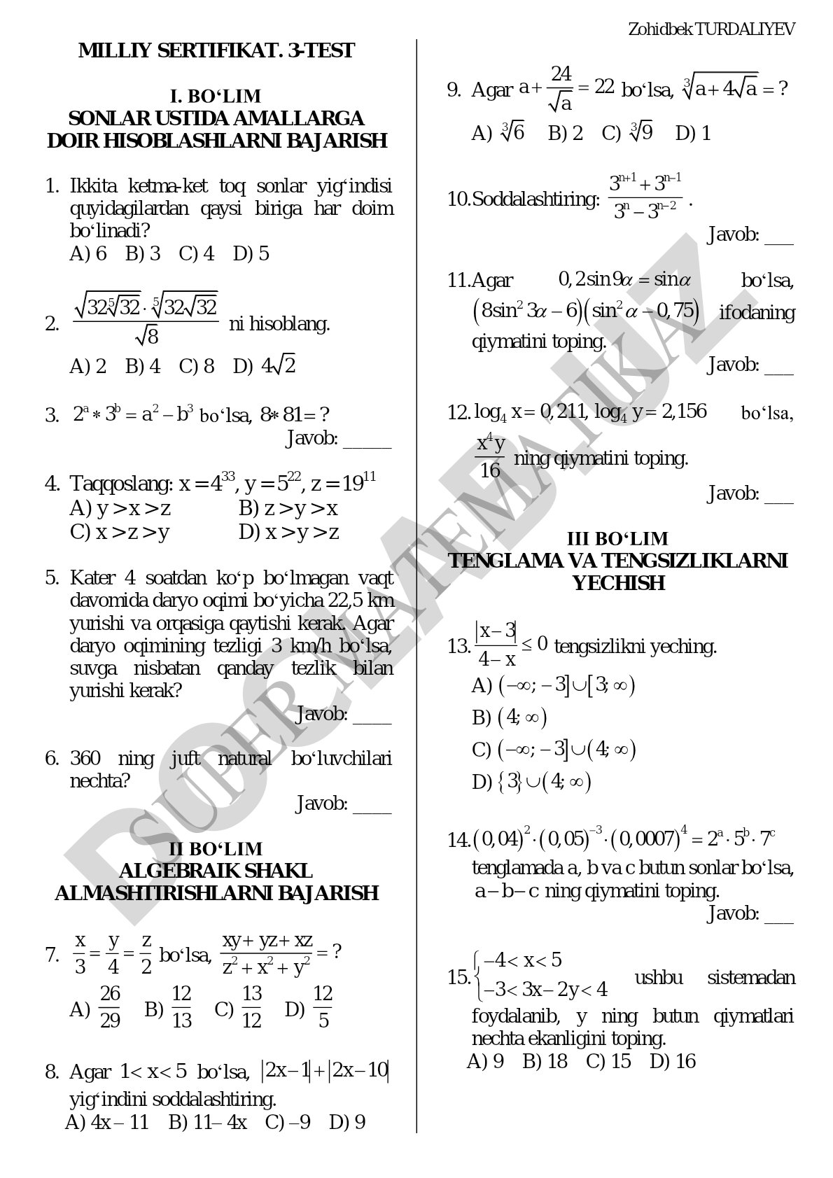 Milliy sertifikat matematika testi savollari