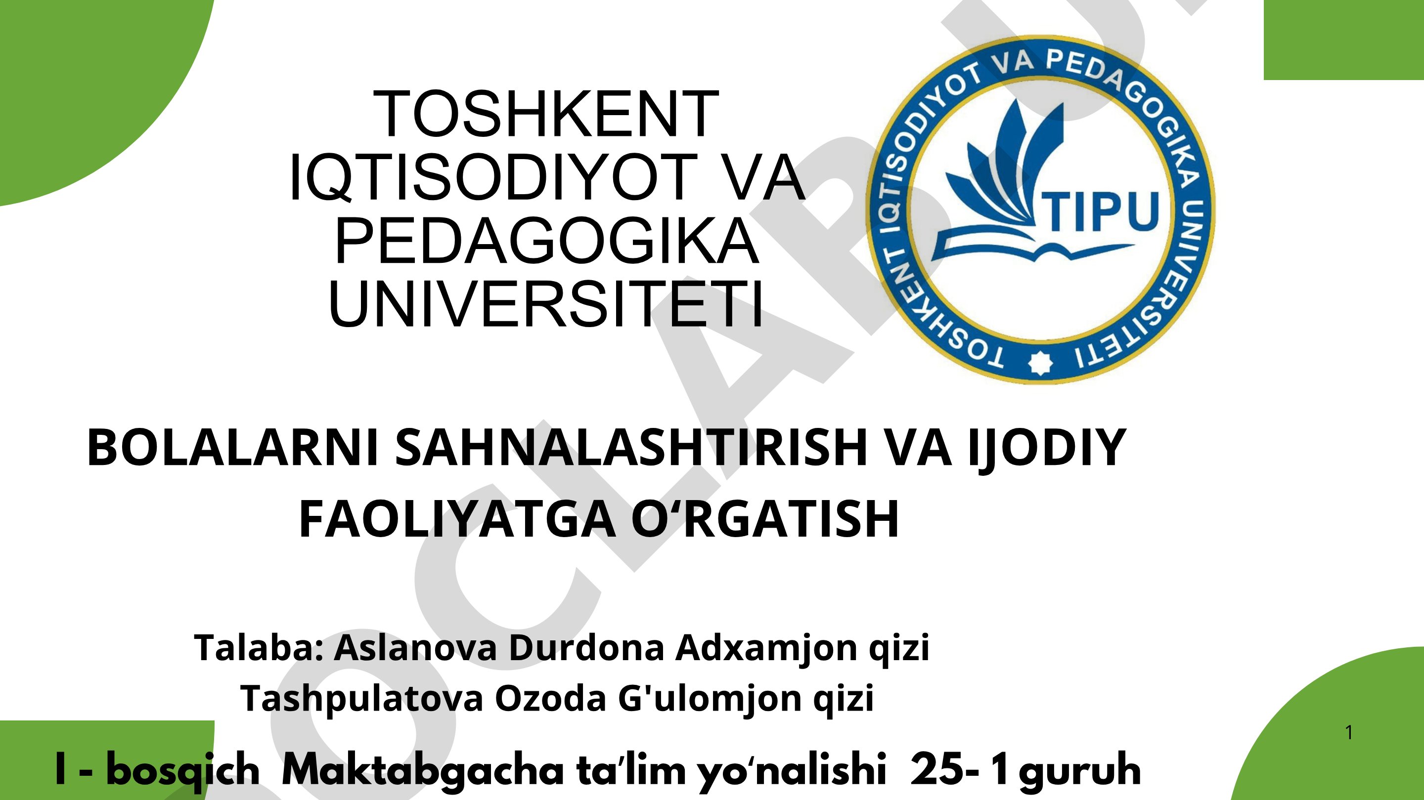 Sahnalashtirish faoliyati vositasida bolalarda ijodiy qobiliyatlarni rivojlantirish
