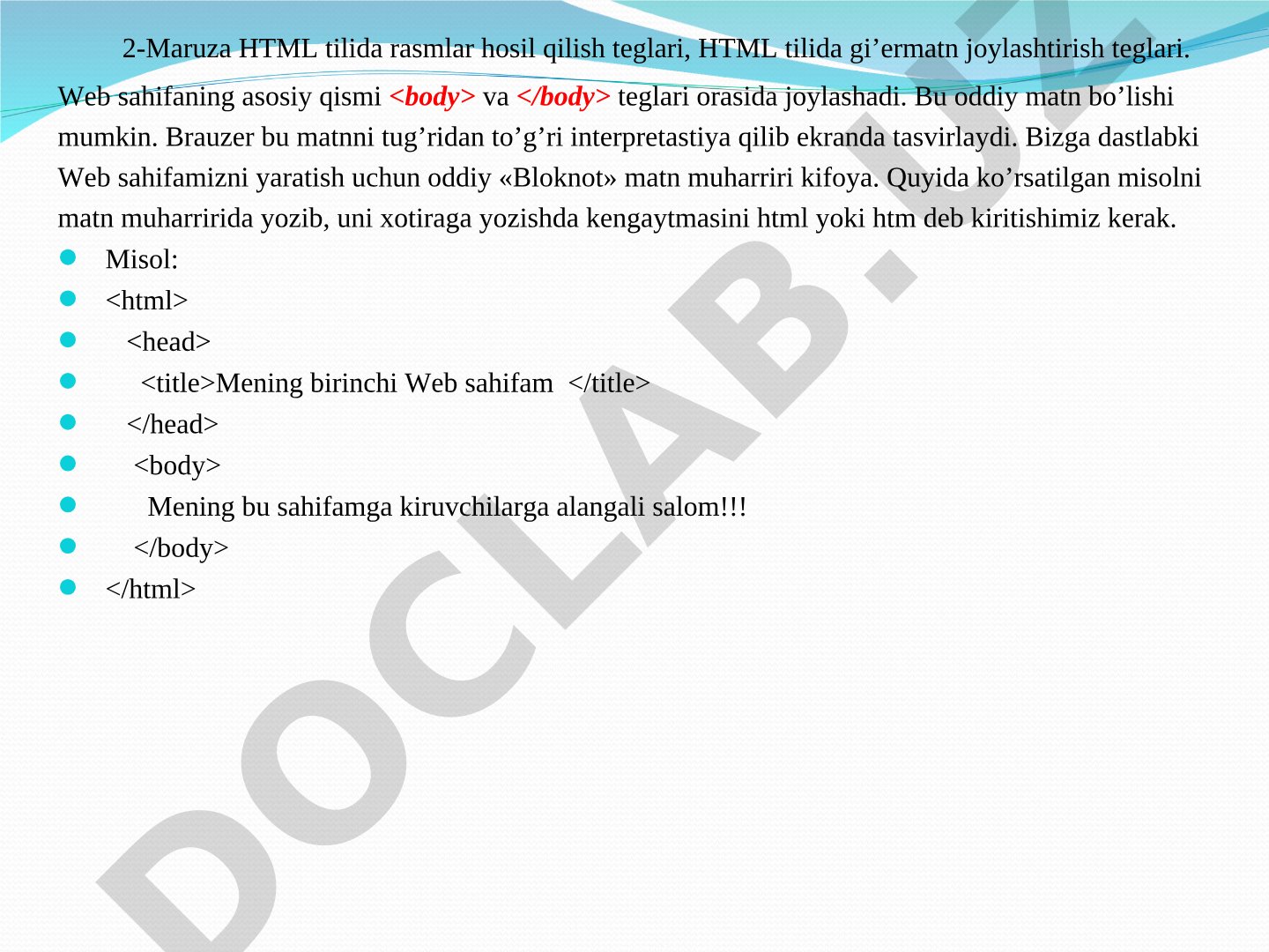 HTML tilida rasmlar hosil qilish teglari, HTML tilida gi’ermatn joylashtirish teglari
