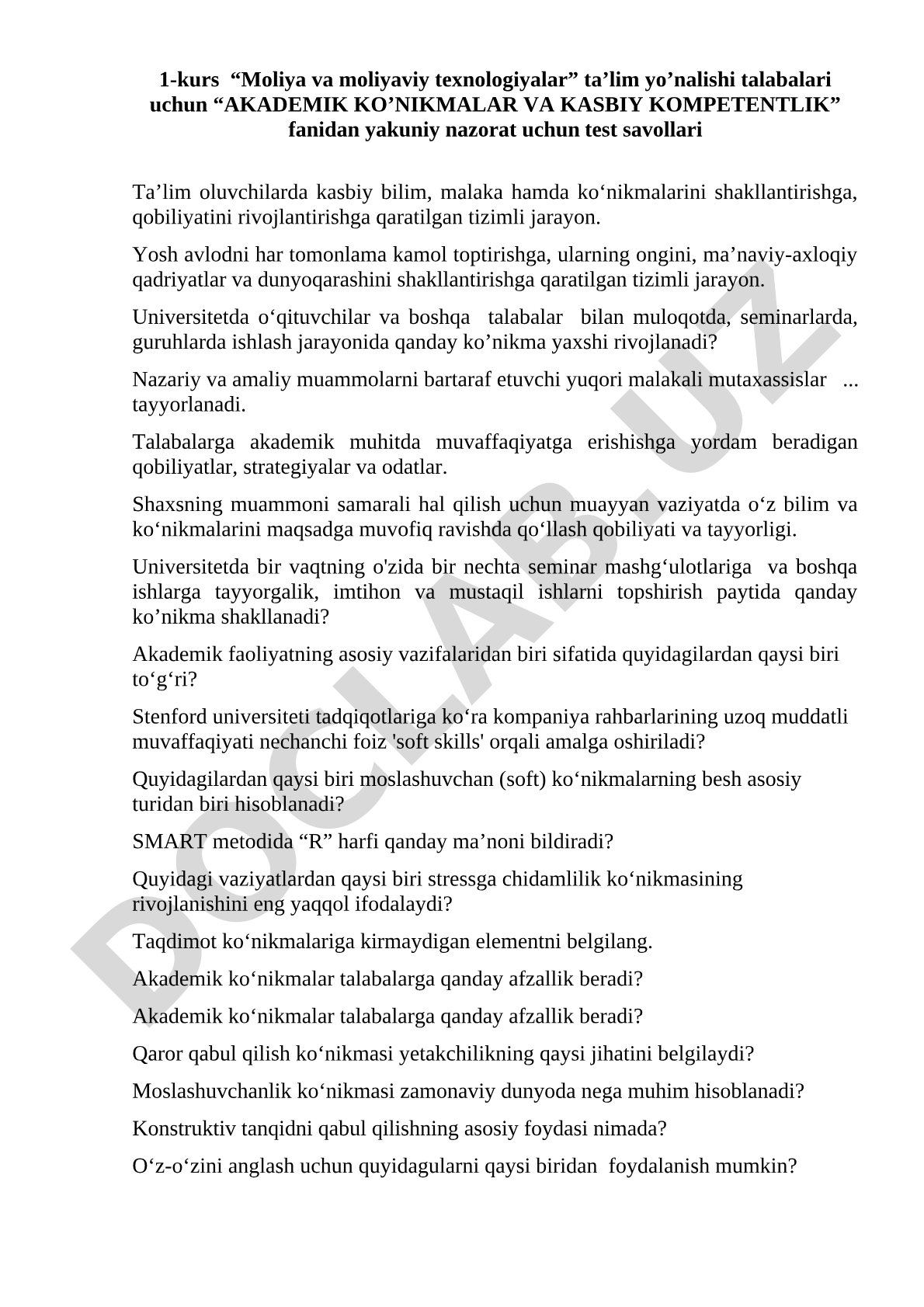 Akademik ko‘nikmalar va kasbiy kompetentlik fanidan yakuniy nazorat test savollari