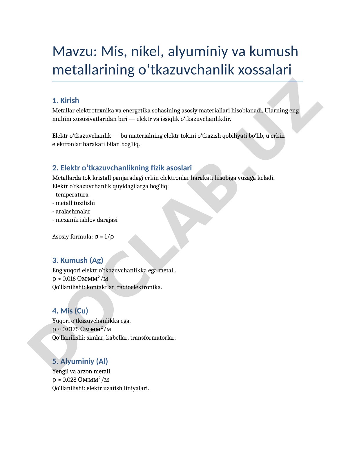 Mis, nikel, alyuminiy va kumush metallarining o‘tkazuvchanlik xossalari