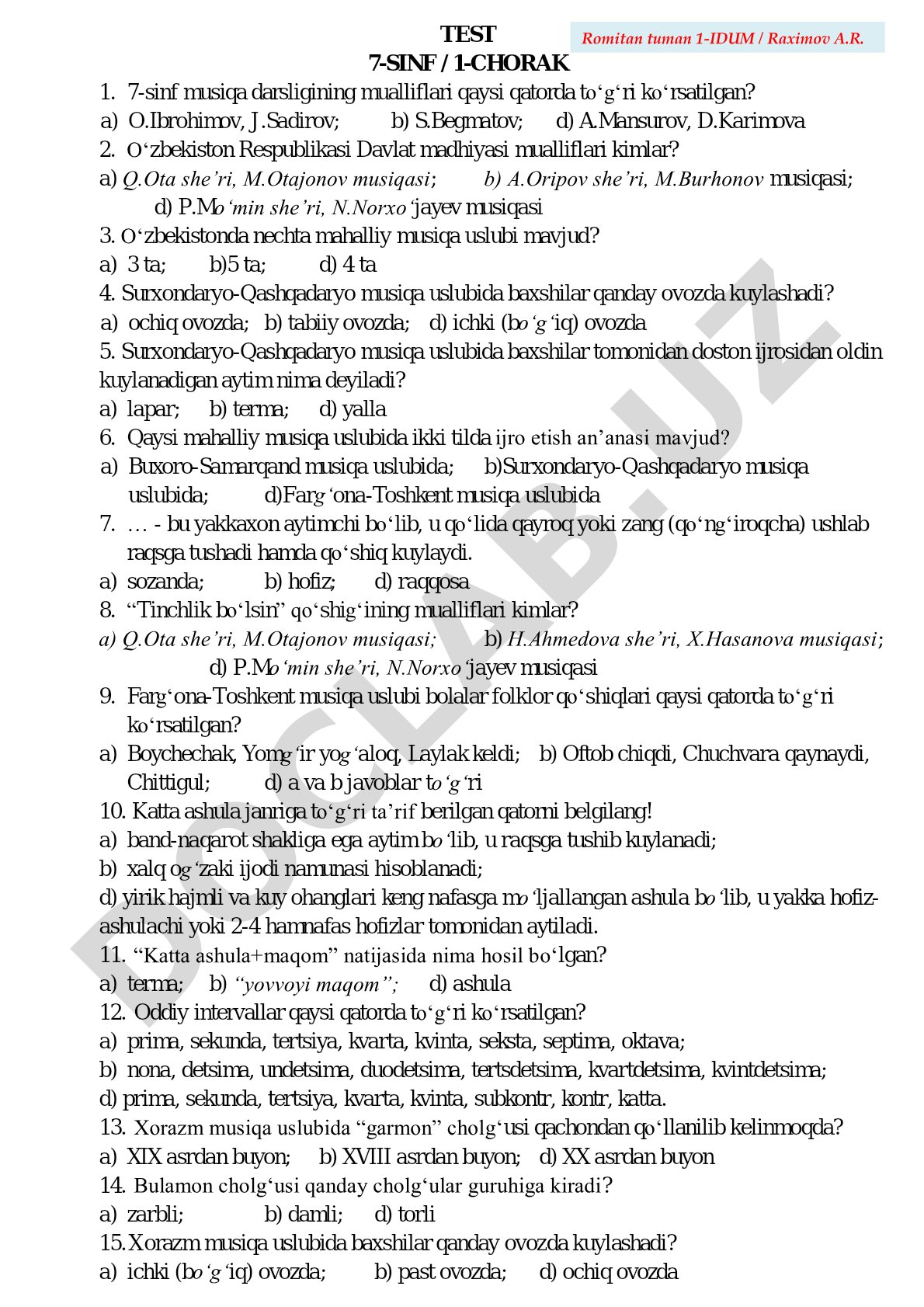 7-sinf musiqa fanidan 1-chorak testi