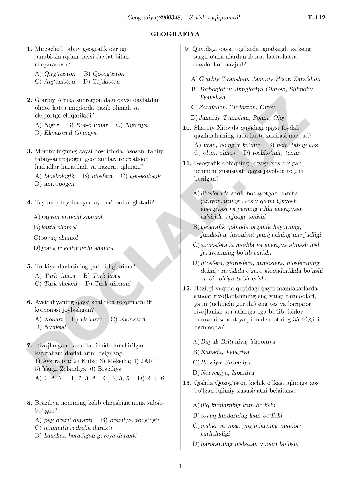 Geografiya test savollari