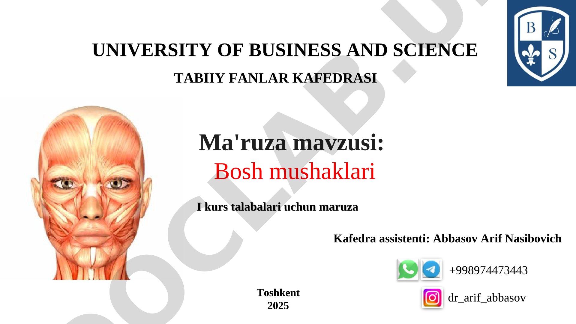 Bosh mushaklarining tuzilishi, vazifalari va innervatsiyasi haqida ma'ruza