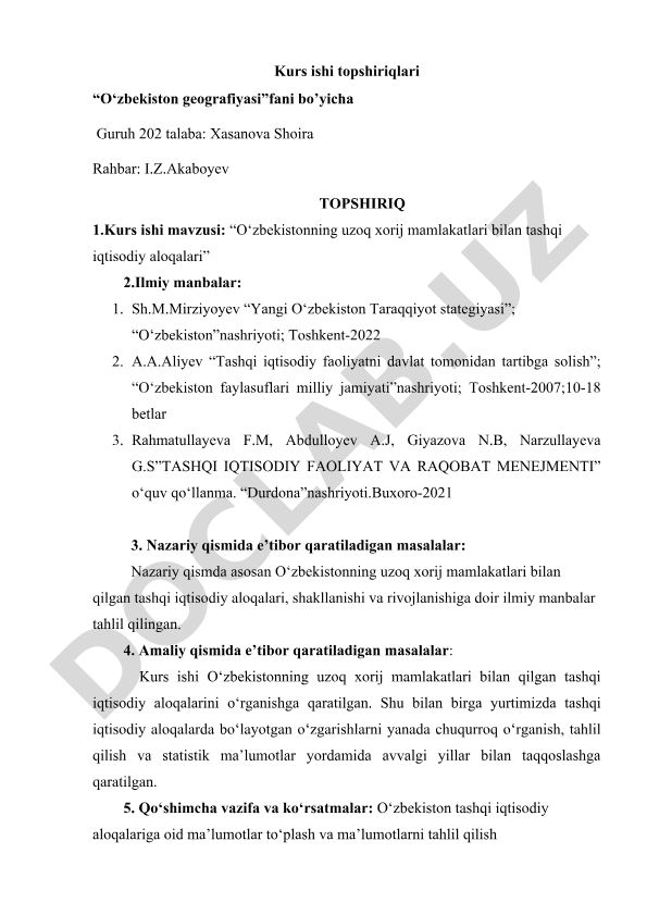 O‘zbekistonning uzoq xorij mamlakatlari bilan tashqi iqtisodiy aloqalari
