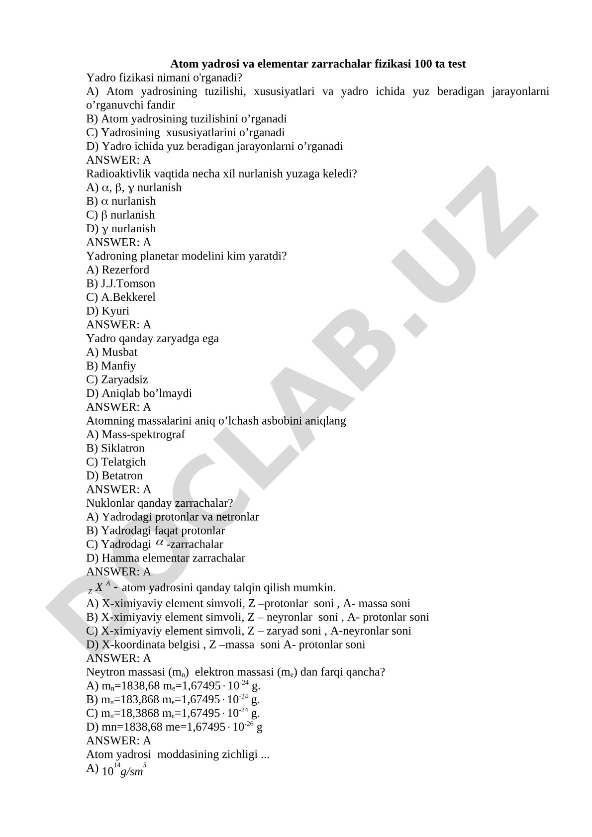 Atom yadrosi va elementar zarrachalar fizikasi 100 ta test