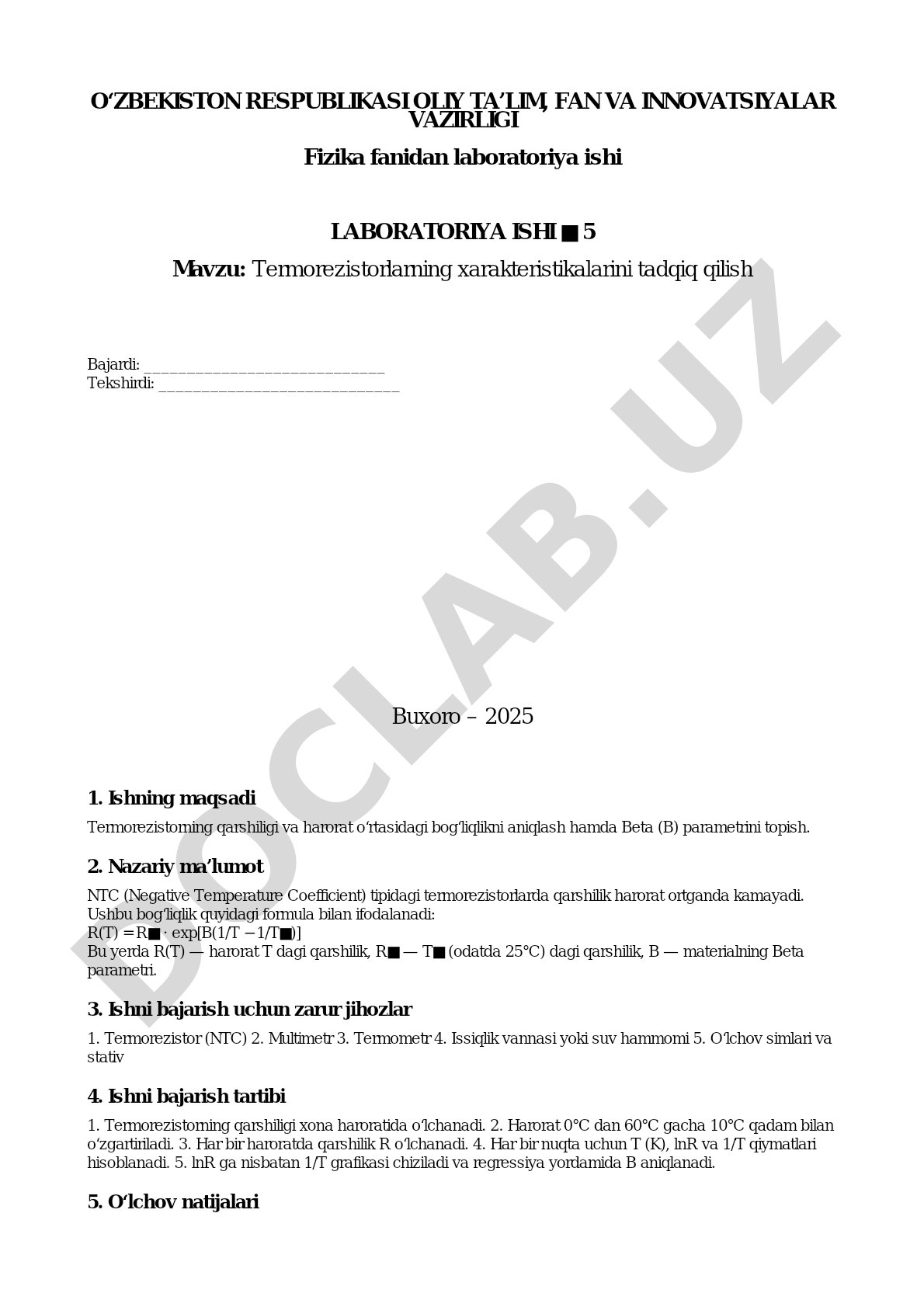 Termorezistorlarning xarakteristikalarini tadqiq qilish