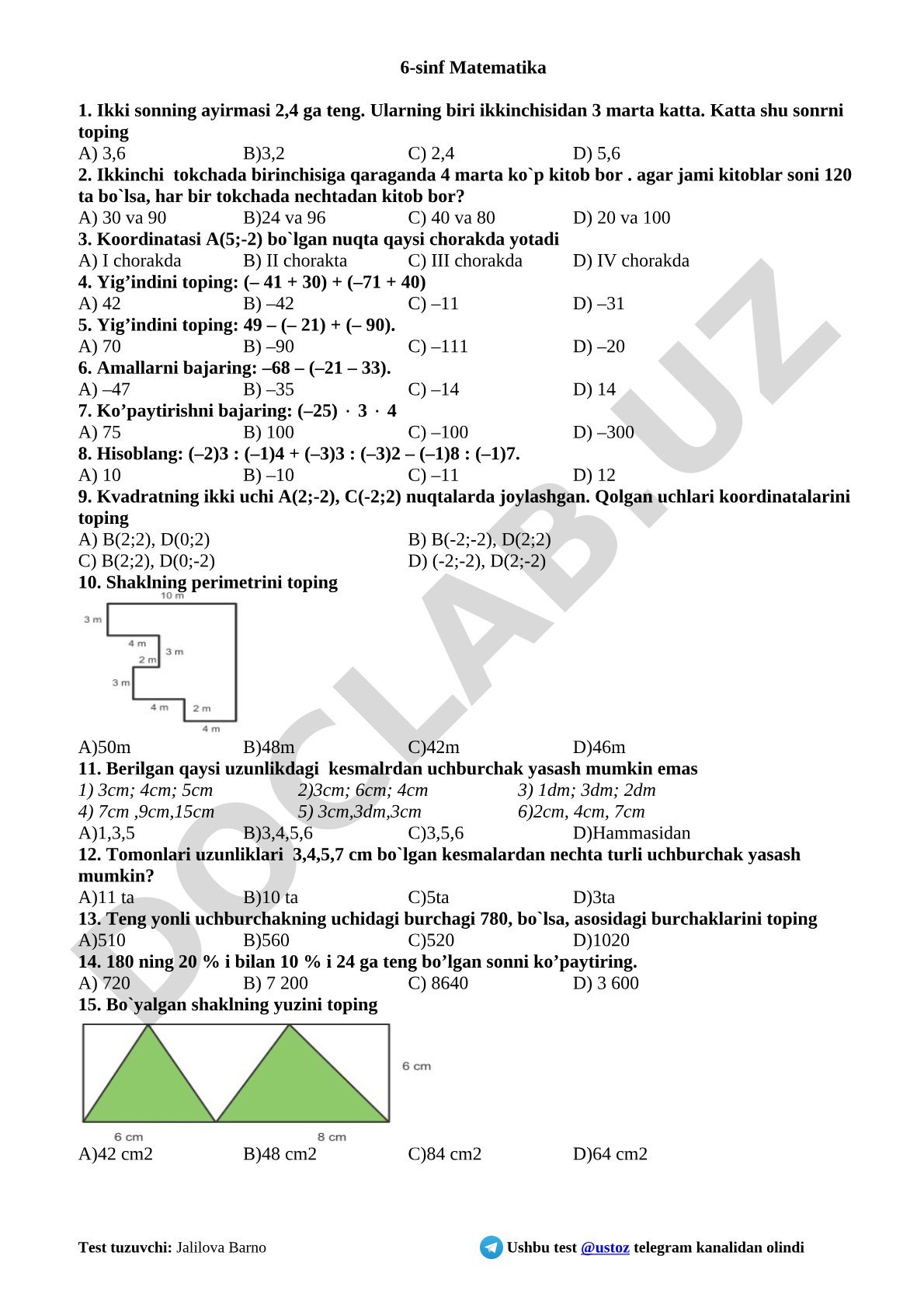 6-sinf matematikasi bo'yicha ko'p tanlovli test savollari