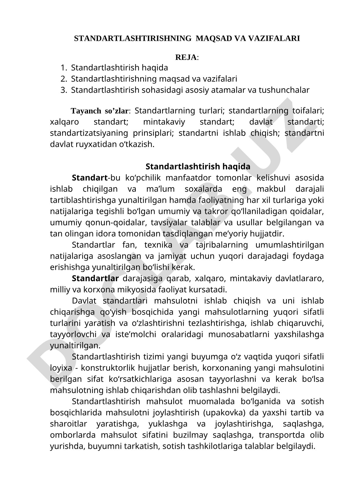 Standartlashtirishning maqsad va vazifalari