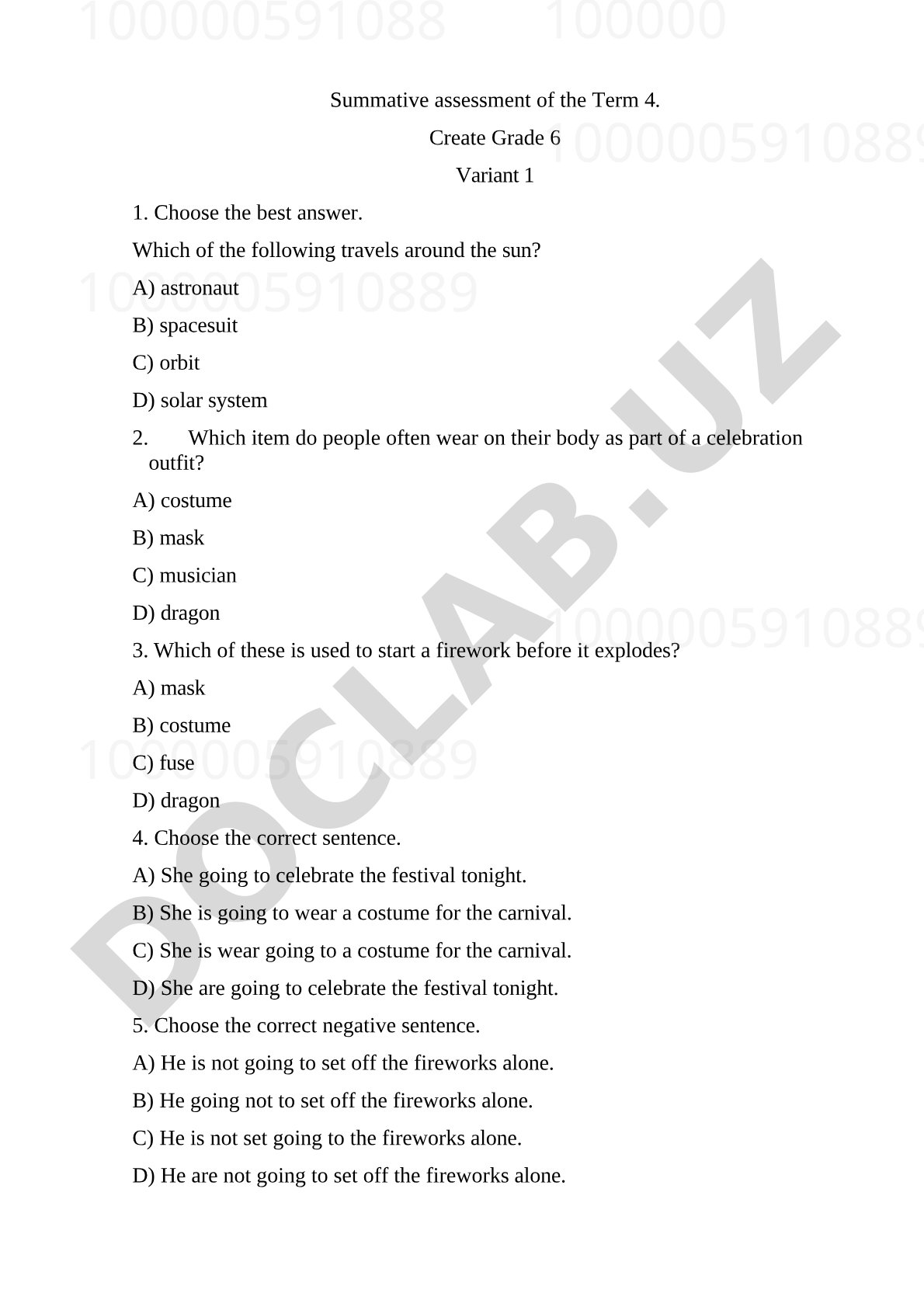 Grade 6 Term 4 Summative Assessment Variant 1