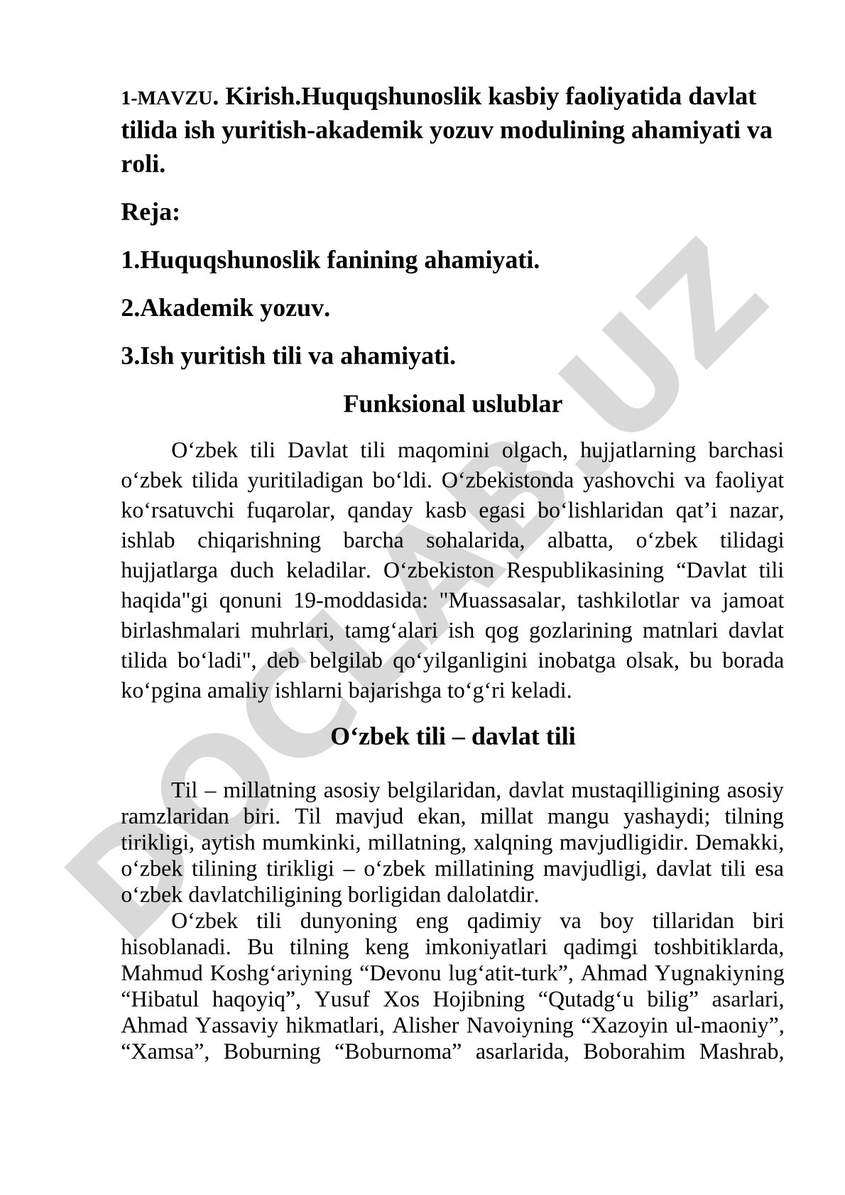 Huquqshunoslik kasbiy faoliyatida davlat tilida ish yuritish-akademik yozuv modulining ahamiyati va roli
