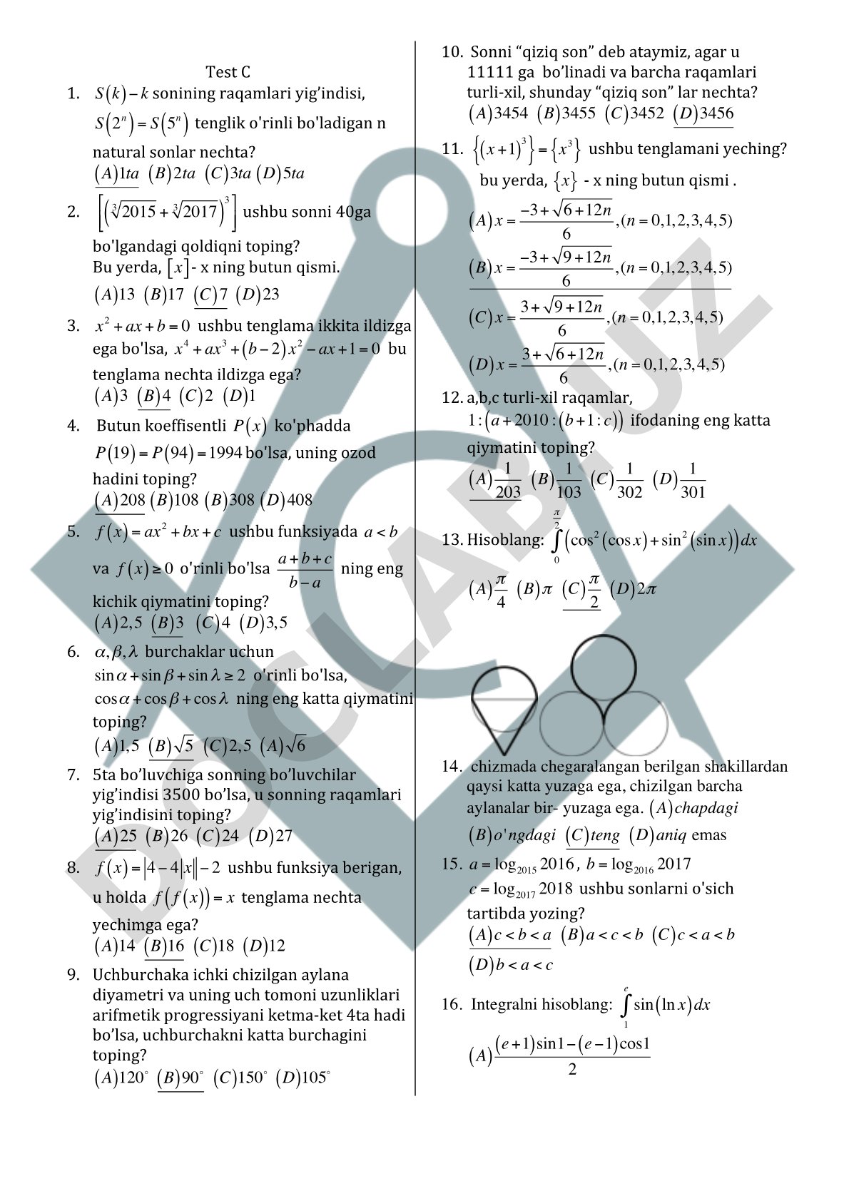 Matematika fanidan test masalalari to'plami