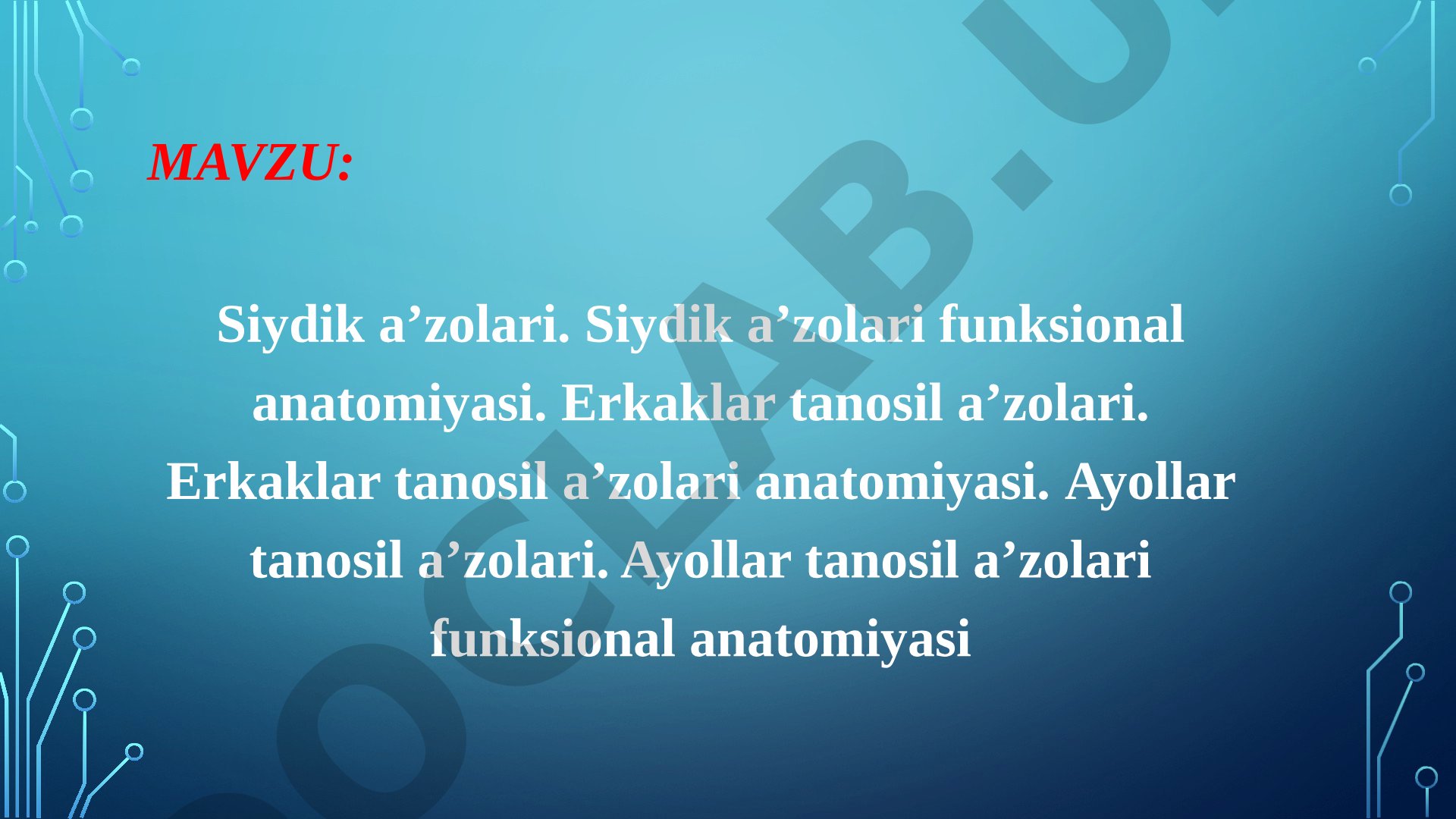 Siydik a'zolari. Siydik a'zolari funksional anatomiyasi. Erkaklar tanosil a'zolari. Erkaklar tanosil a'zolari anatomiyasi. Ayollar tanosil a'zolari. Ayollar tanosil a'zolari funksional anatomiyasi