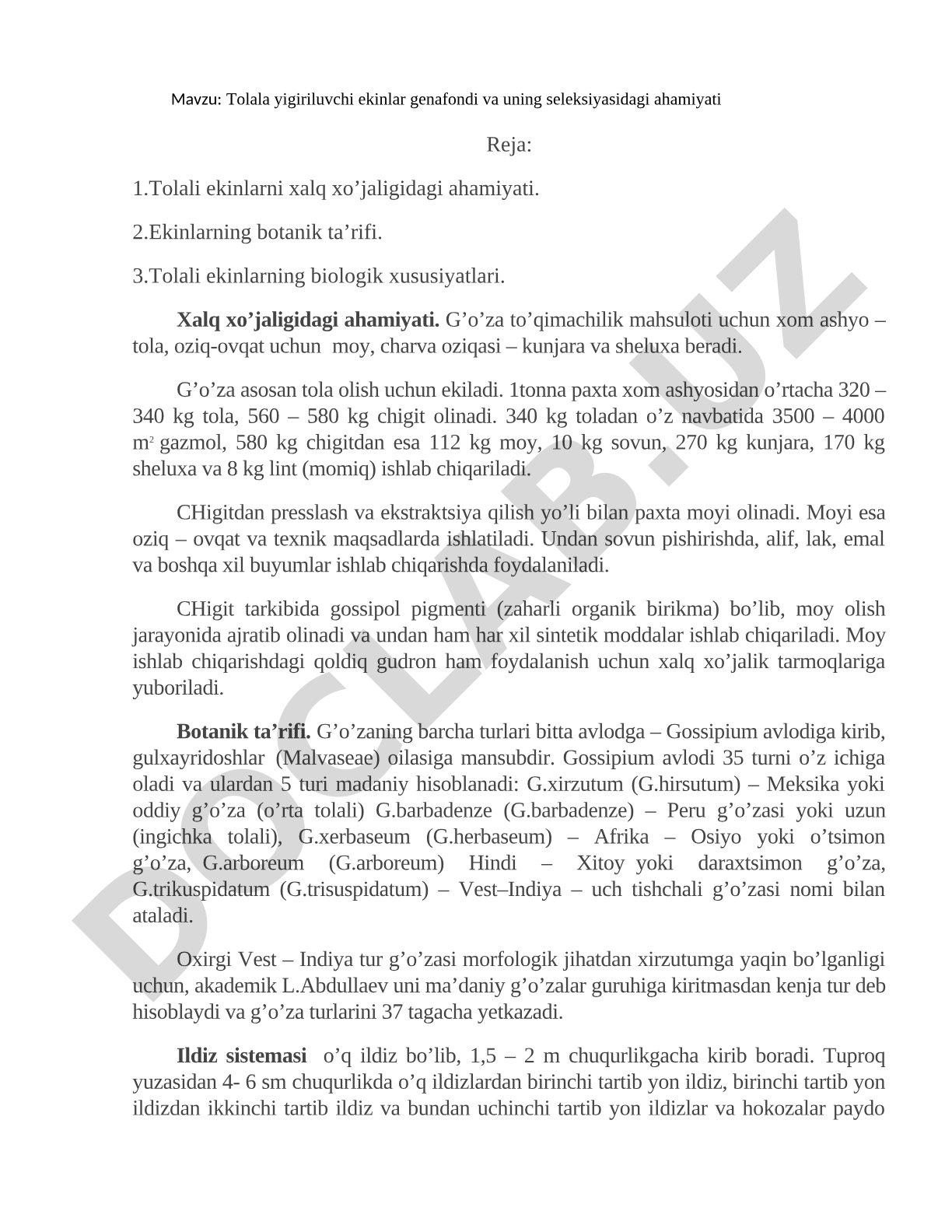 Tolala yigiriluvchi ekinlar genafondi va uning seleksiyasidagi ahamiyati
