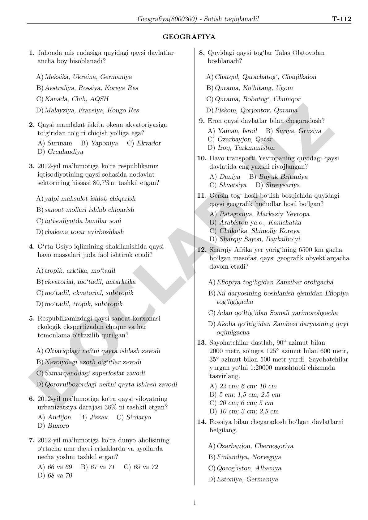 Geografiya test savollari