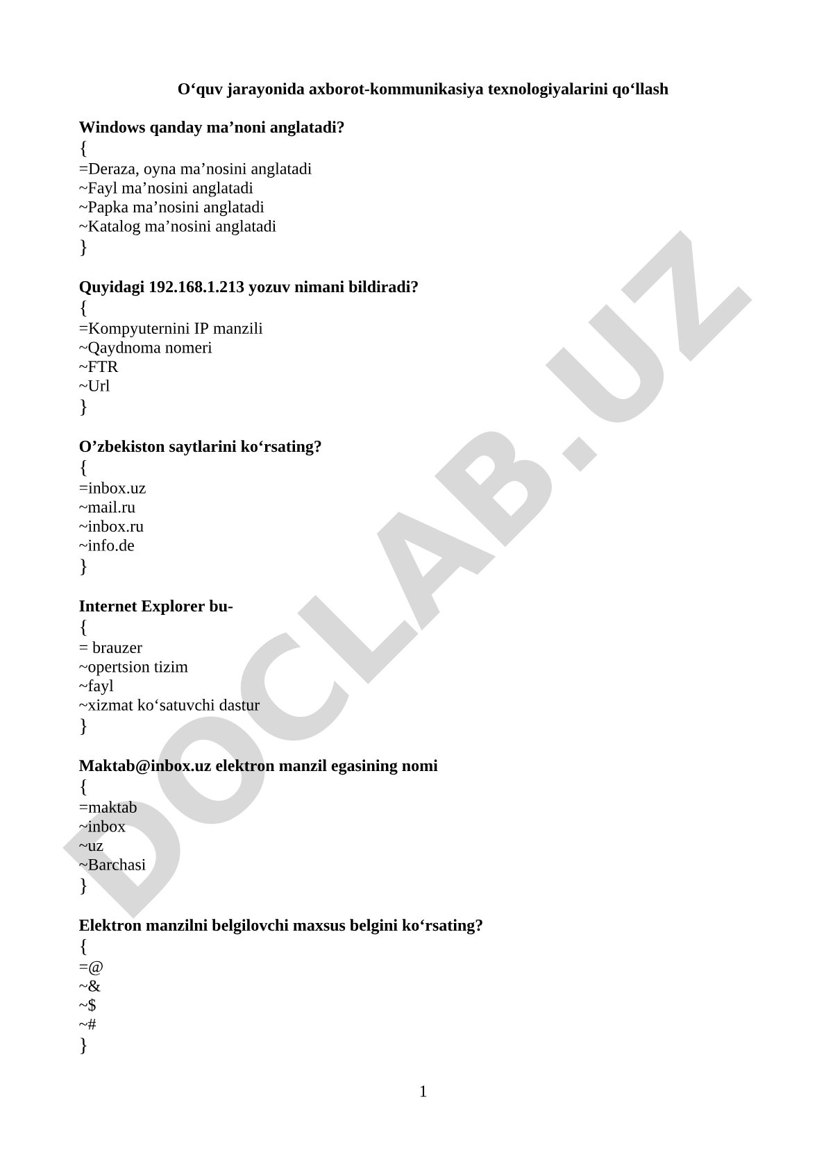 Axborot texnologiyalari bo'yicha test savollari