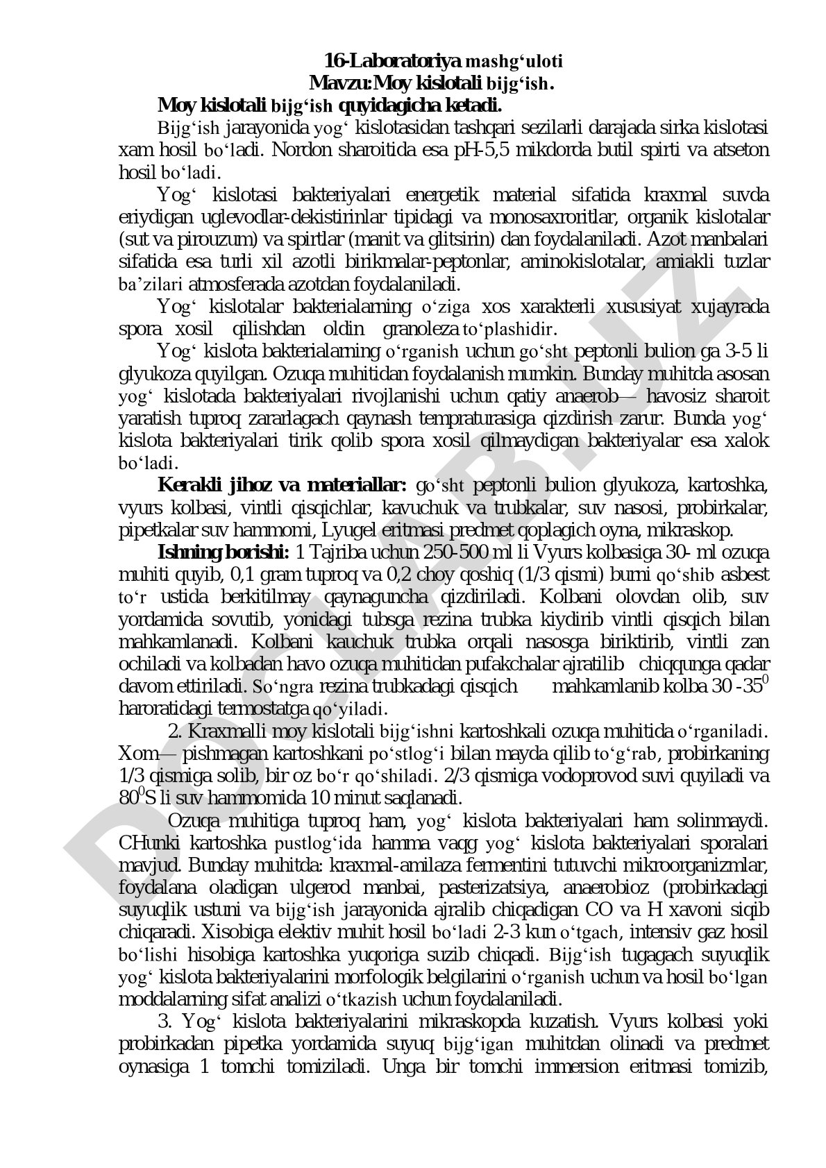 Moy kislotali bijg'ish jarayoni, bakteriyalar, ozuqa muhitlari va sharoitlar haqida