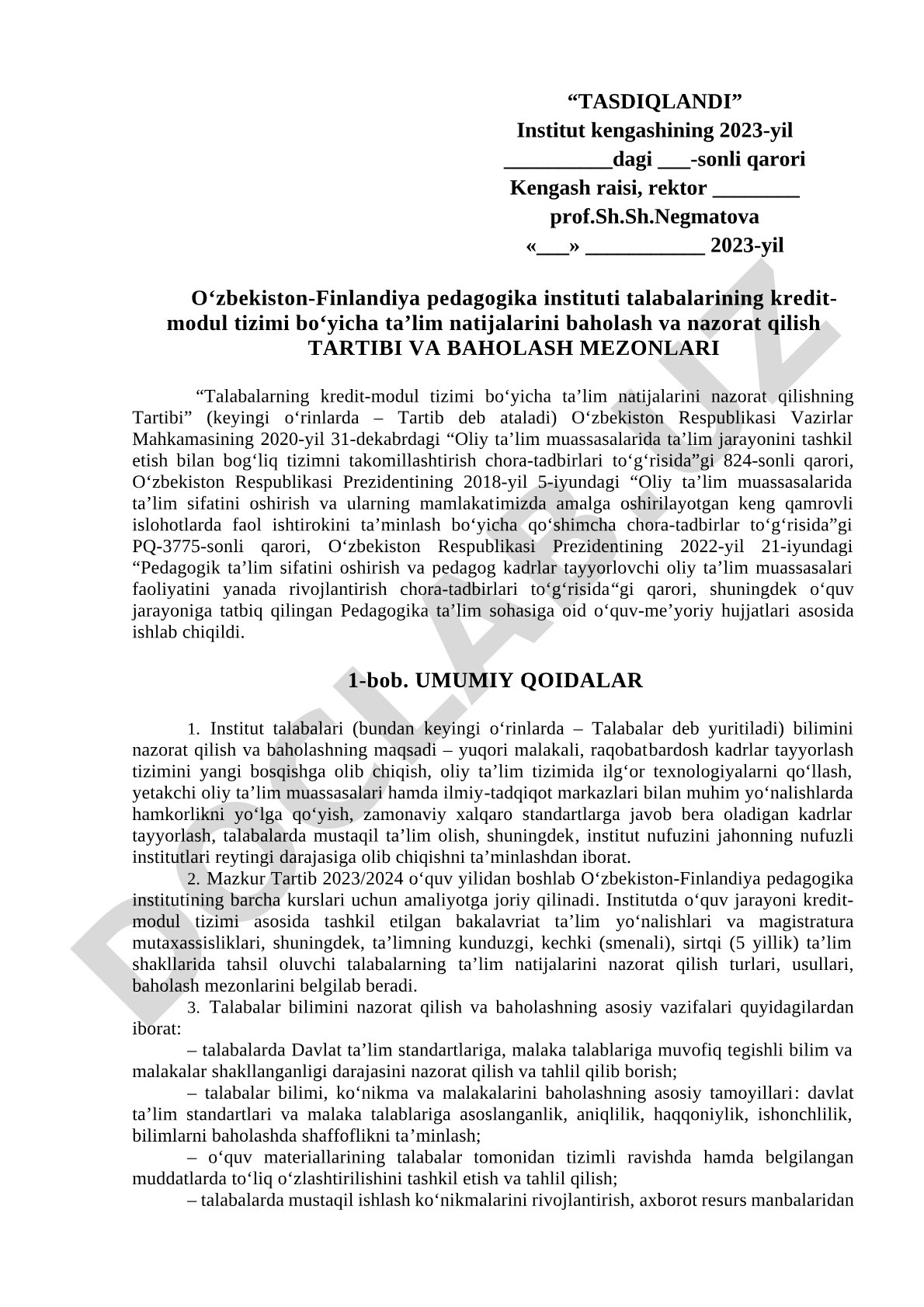 Kredit-modul tizimi bo‘yicha ta’lim natijalarini baholash va nazorat qilish tartibi