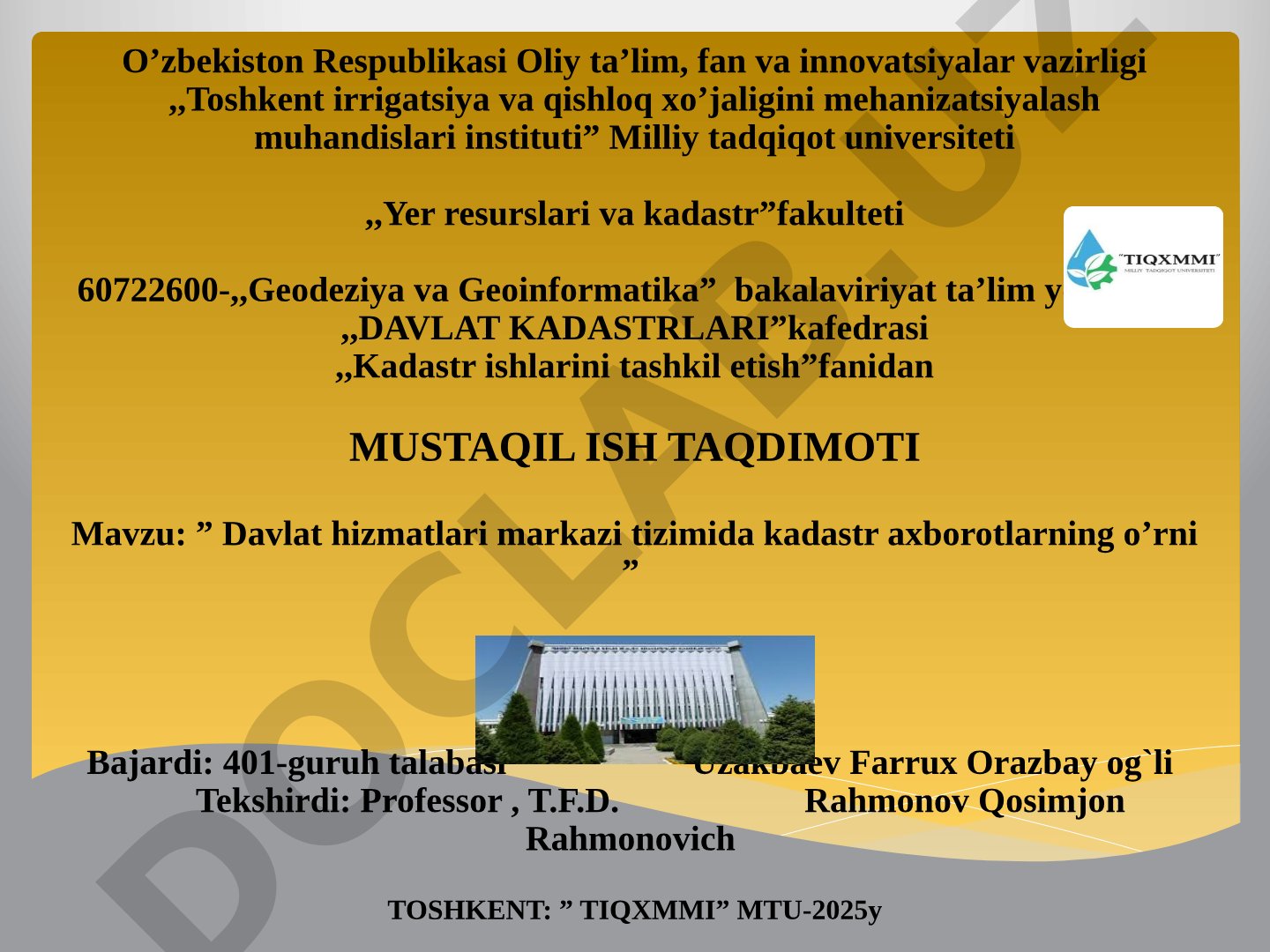 Davlat hizmatlari markazi tizimida kadastr axborotlarning o'rni