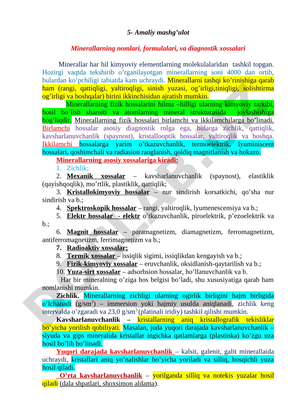Minerallarning nomlari, formulalari va diagnostik xossalari