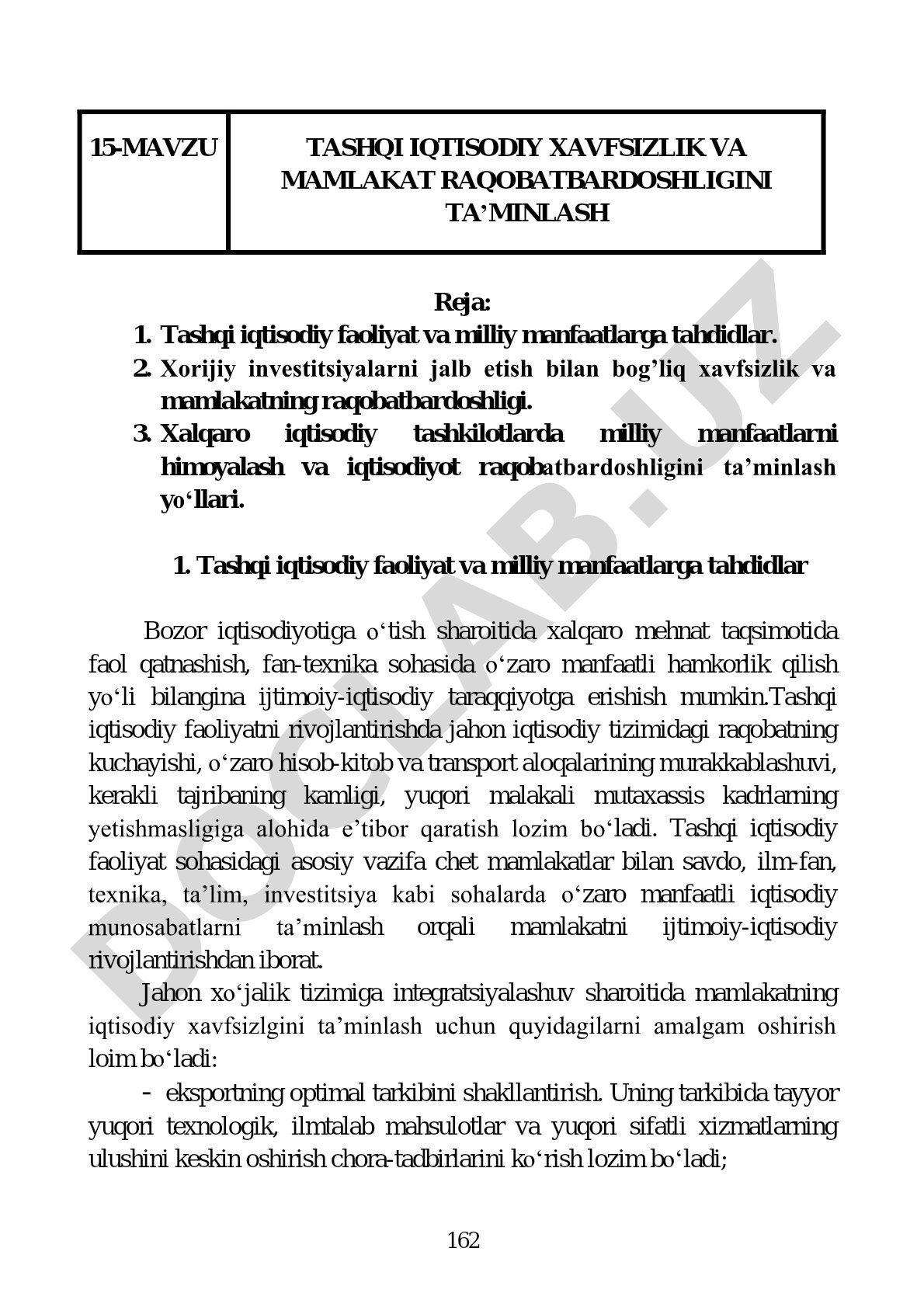 Tashqi iqtisodiy xavfsizlik va mamlakat raqobatbardoshligini ta’minlash